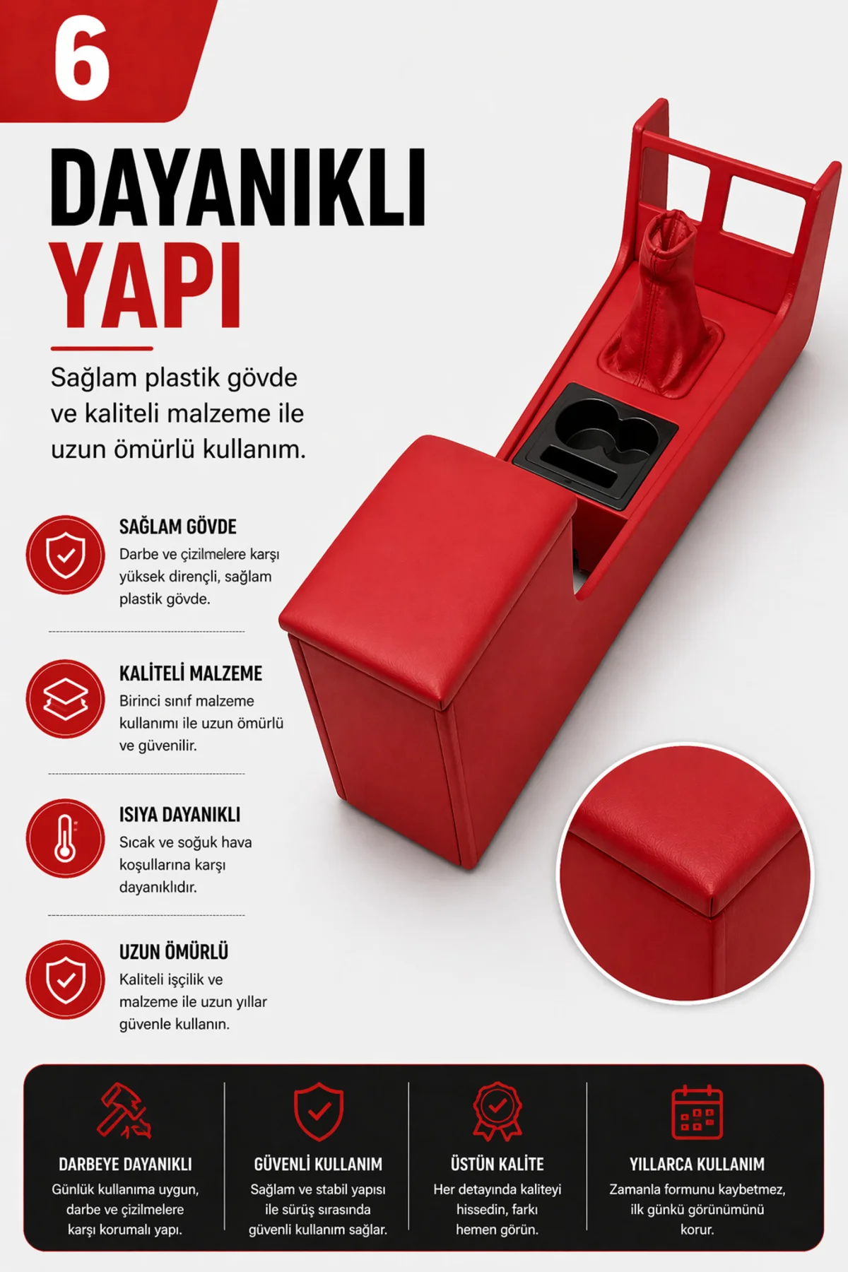 Tofaş Şahin 1.4 1.6 ie Tam Boy Orta Konsol Kol Dayama Bardaklıklı Deri Döşeme Kırmızı