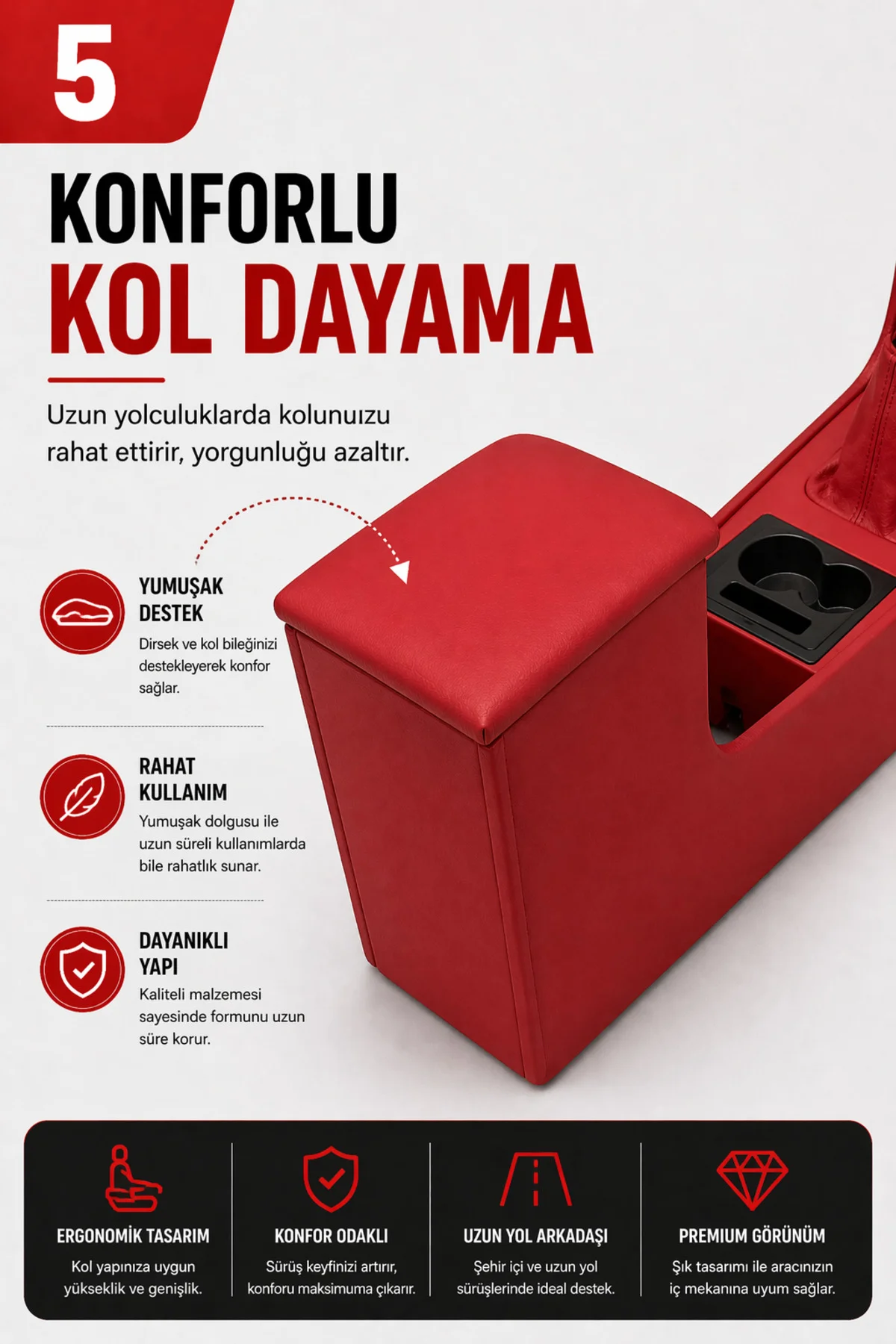 Tofaş Şahin 1.4 1.6 ie Tam Boy Orta Konsol Kol Dayama Bardaklıklı Deri Döşeme Kırmızı
