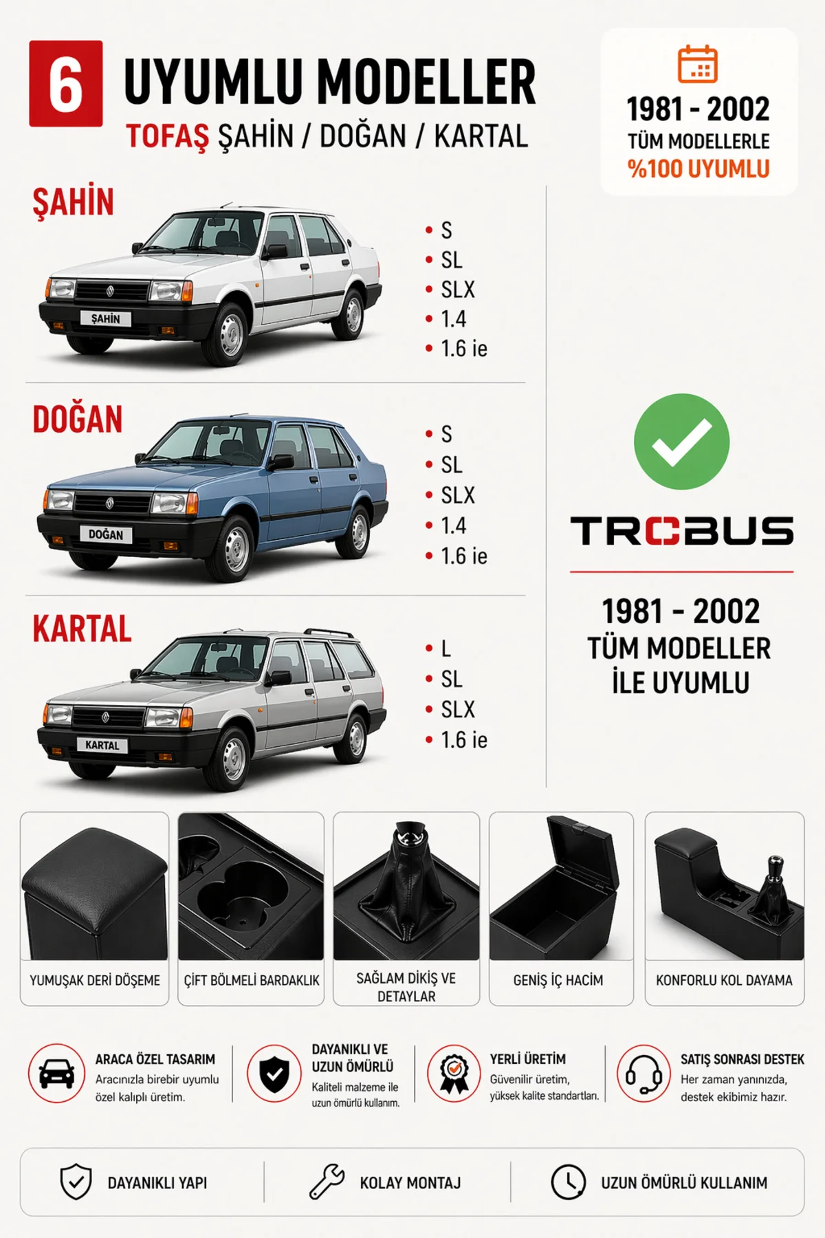 Tofaş Şahin Eski Yeni Kasa Tam Boy Orta Konsol Kol Dayama Bardaklıklı Deri Döşeme