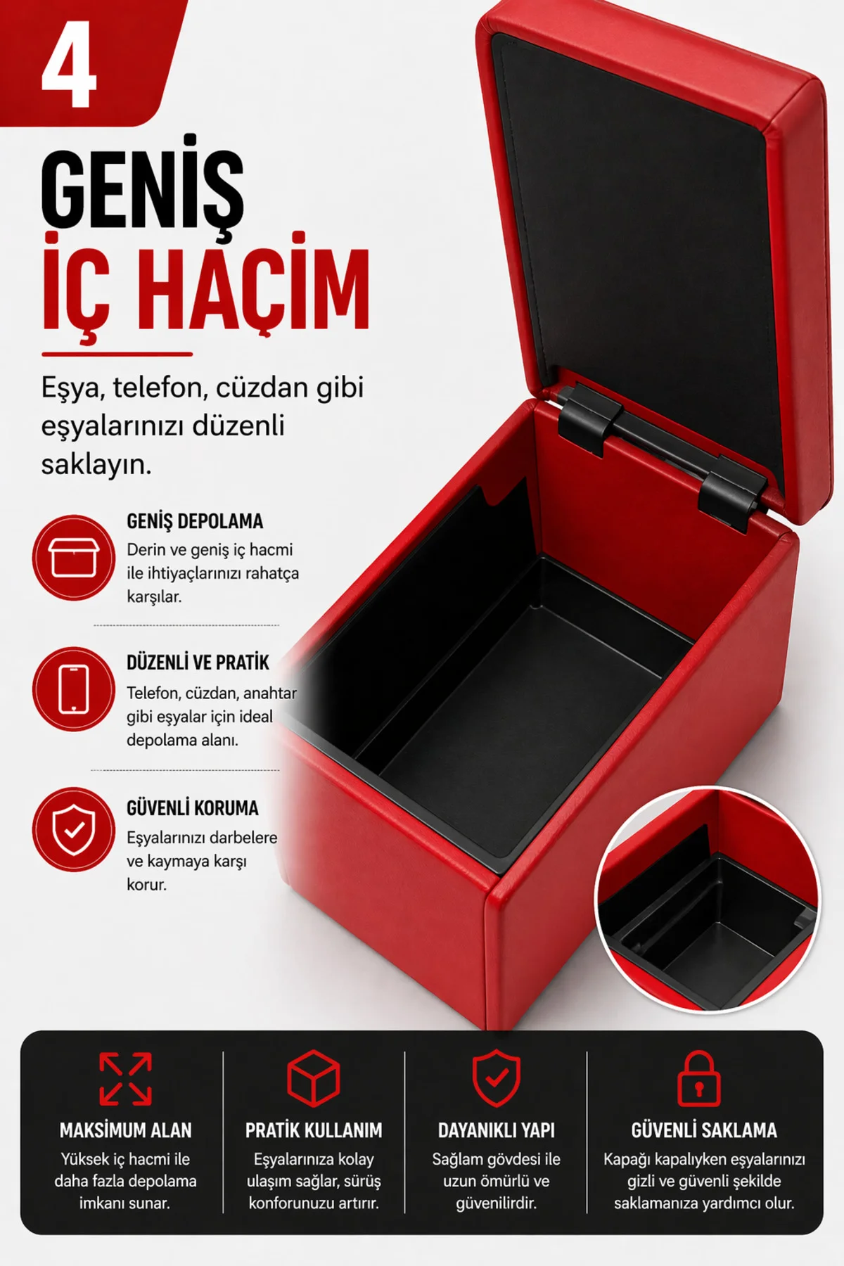 Tofaş Şahin S SL SLX 1981-2002 Tam Boy Orta Konsol Kol Dayama Bardaklıklı Deri Kırmızı
