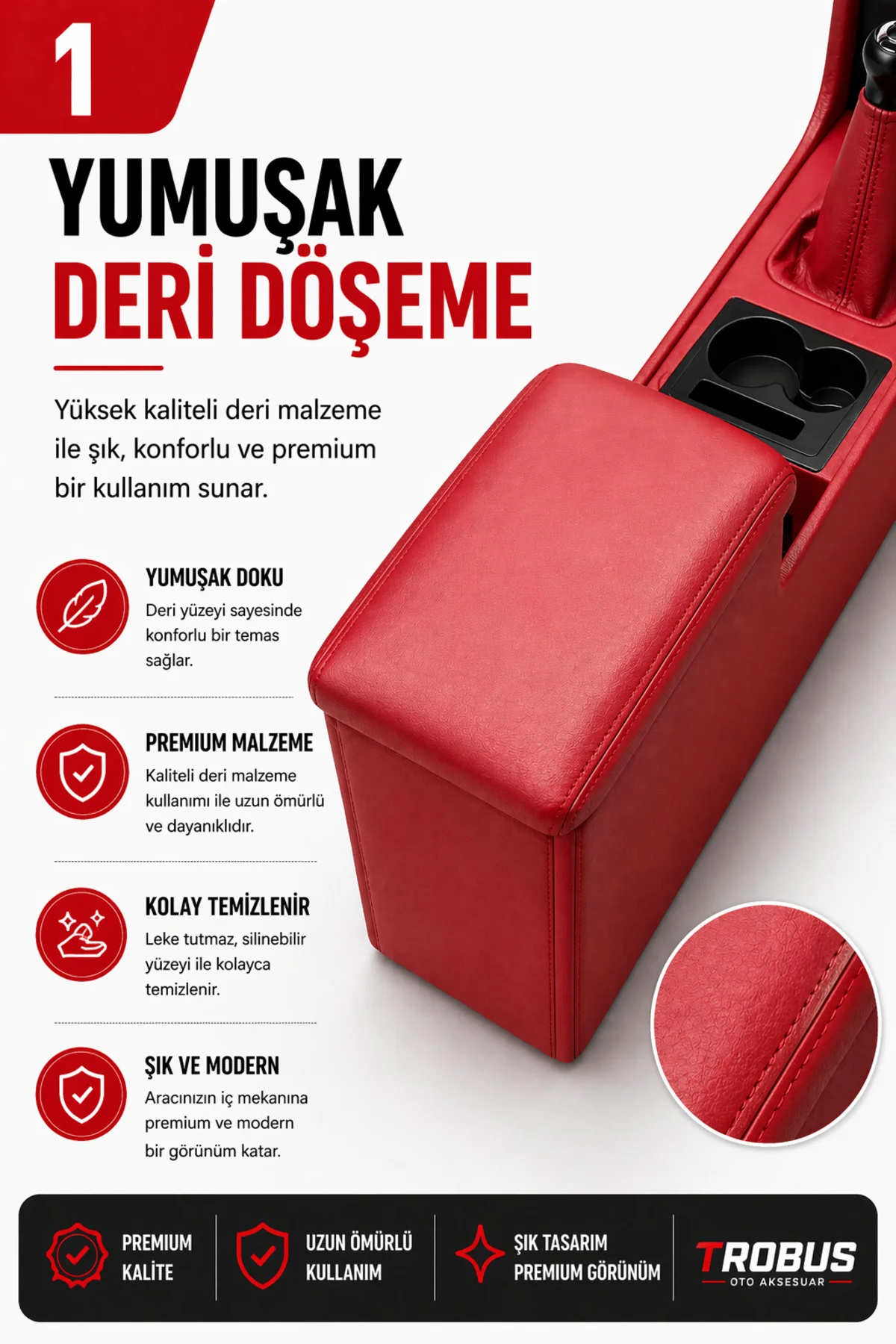 Tofaş Şahin SLX 1.6 ie Tam Boy Orta Konsol Kol Dayama Bardaklıklı Deri Döşeme Kırmızı