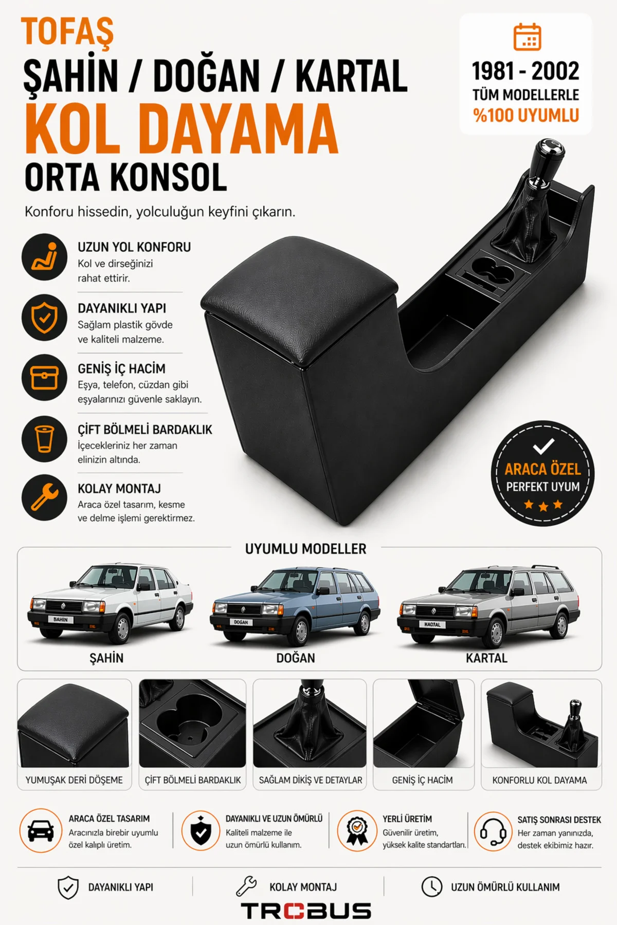 Tofaş Şahin Tüm Modeller Tam Boy Orta Konsol Kol Dayama Bardaklıklı Deri Döşeme Tofaş Şahin Tüm Modeller Tam Boy Orta Konsol Kol Dayama Bardaklıklı Deri Döşeme