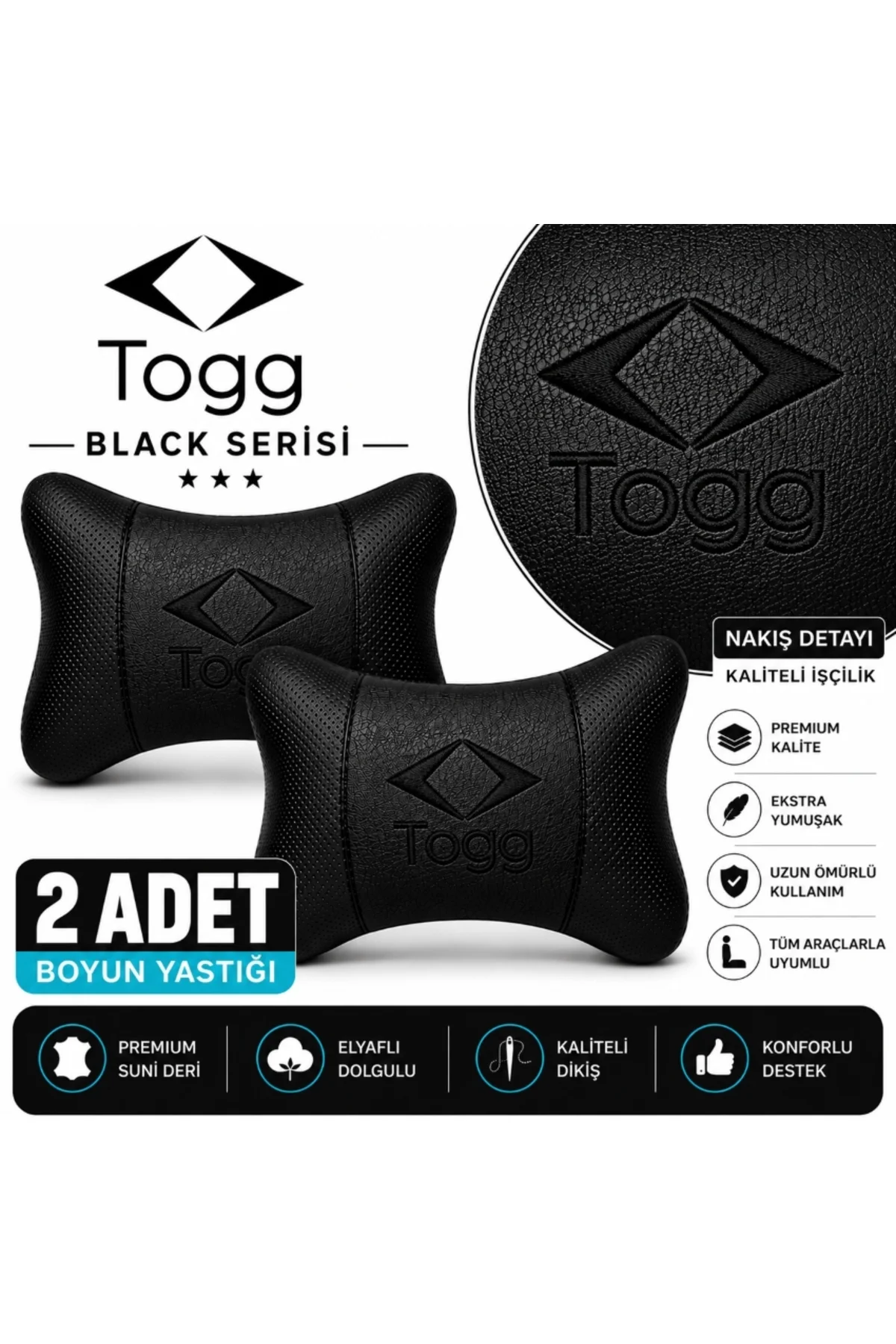 Togg Black Serisi 2 Adet Araç Boyun Yastığı Siyah Premium Suni Deri Elyaf Dolgulu Oto Boyun Desteği Togg Black Serisi 2 Adet Araç Boyun Yastığı Siyah Premium Suni Deri Elyaf Dolgulu Oto Boyun Desteği