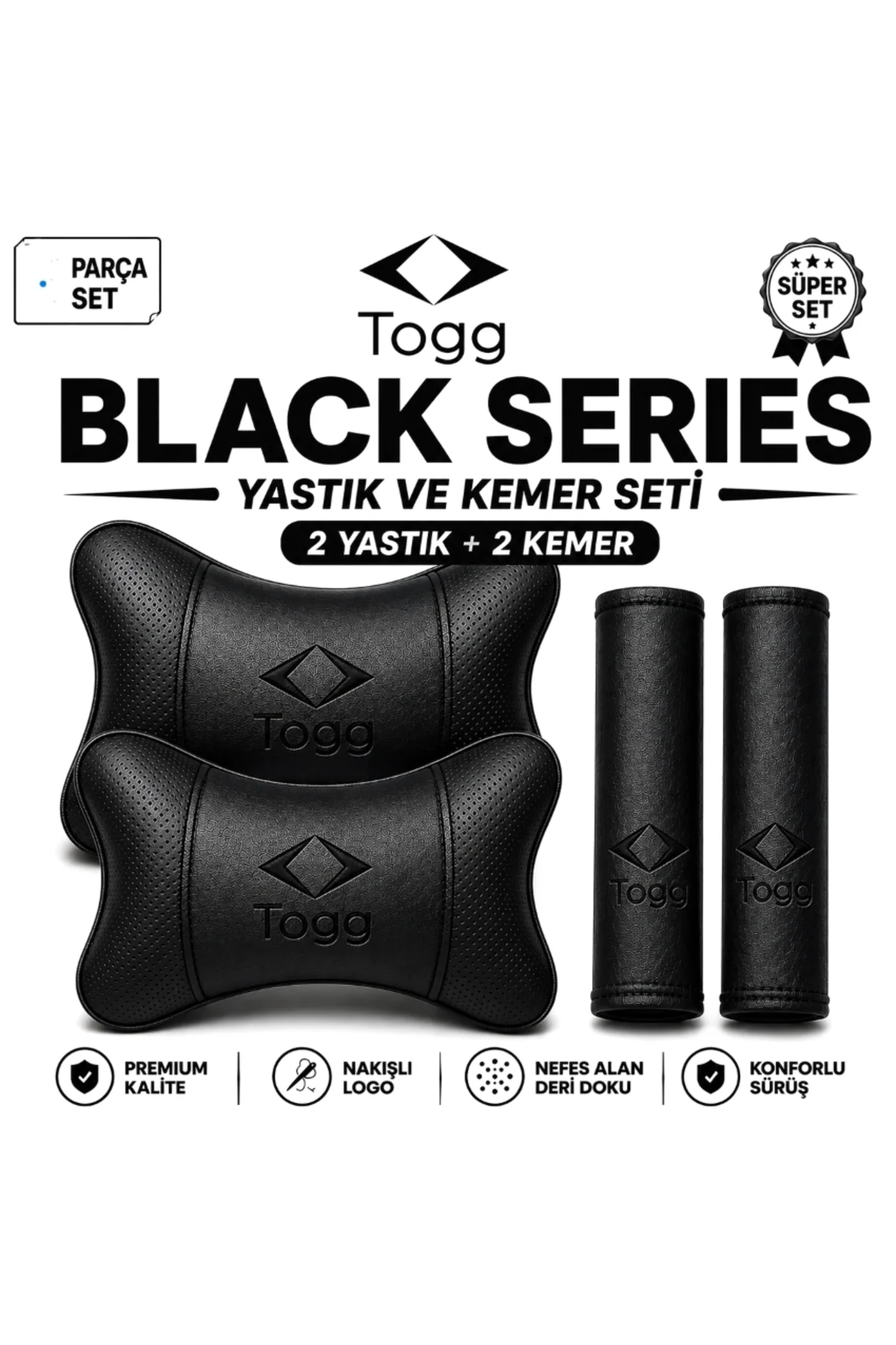 Togg Black Serisi 4 Parça Oto Boyun Yastığı ve Emniyet Kemer Pedi Seti – 2 Yastık + 2 Kemer Pedi, Siyah Nakışlı Togg Black Serisi 4 Parça Oto Boyun Yastığı ve Emniyet Kemer Pedi Seti – 2 Yastık + 2 Kemer Pedi, Siyah Nakışlı