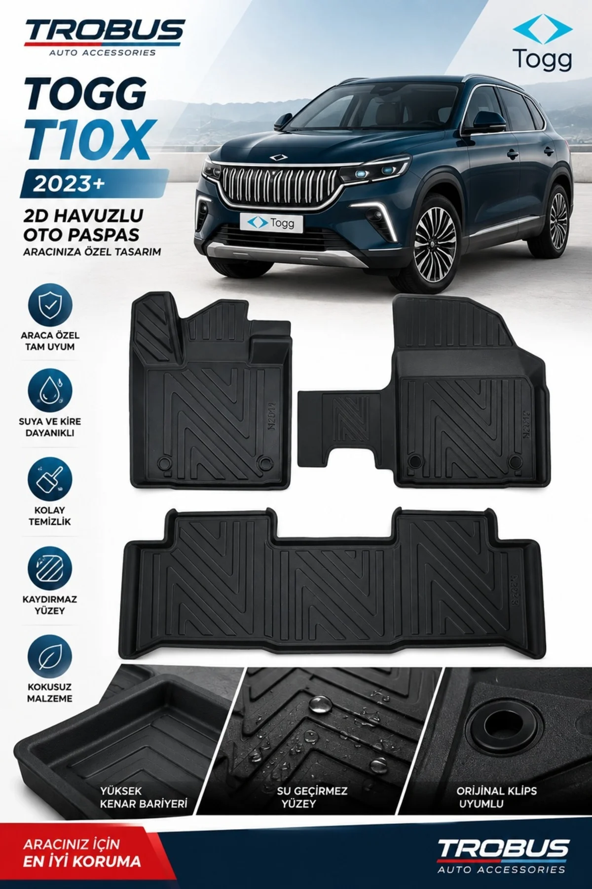 Togg T10x 2023 Sonrası Karbon Desenli Premium 3D Havuzlu Oto Paspas