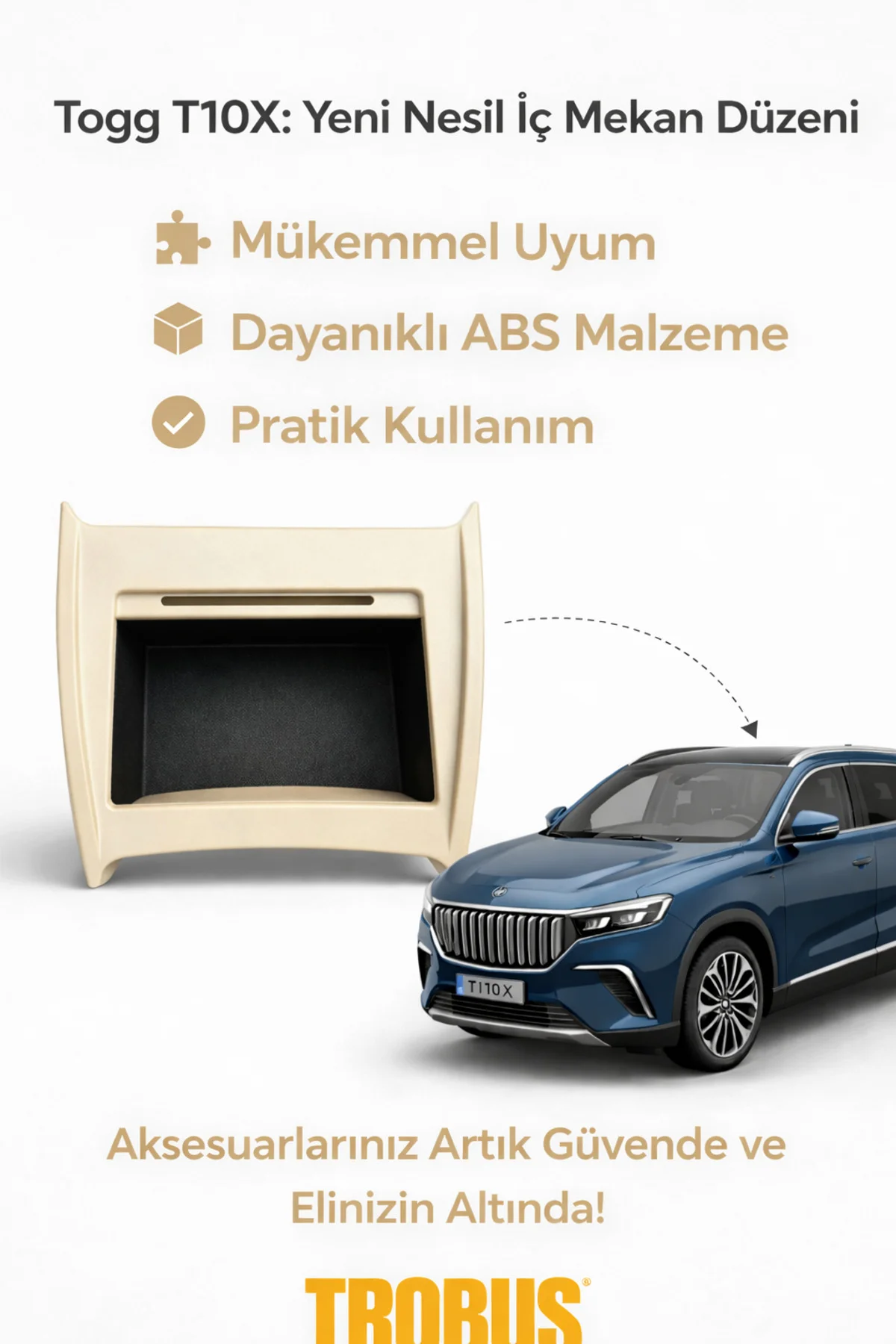 Togg T10X Krem Renk Ön Konsol Ara Saklama Kutusu: Kusursuz Düzen ve Ekstra Fonksiyonellik