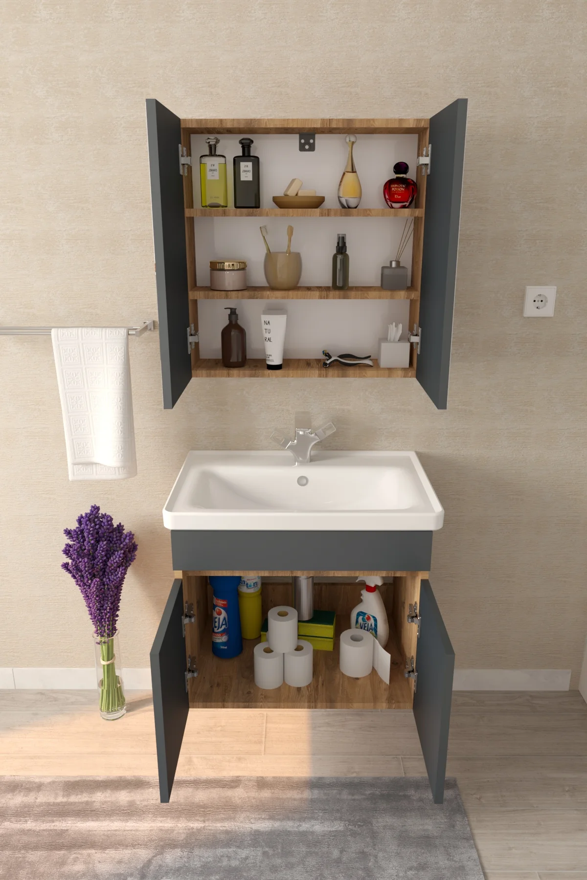 Tokyo 65cm Seramik Lavabolu MDF Aynalı Banyo Dolabı
