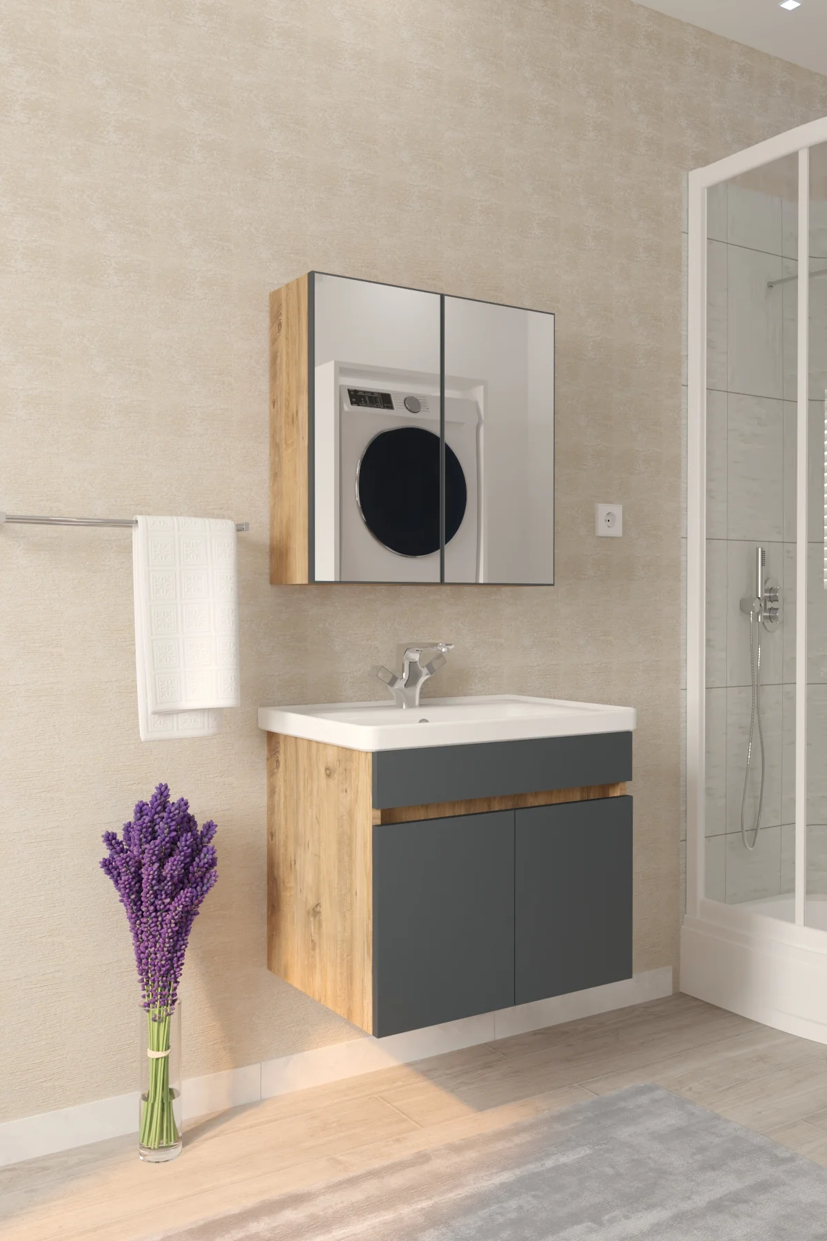 Tokyo 65cm Seramik Lavabolu MDF Aynalı Banyo Dolabı