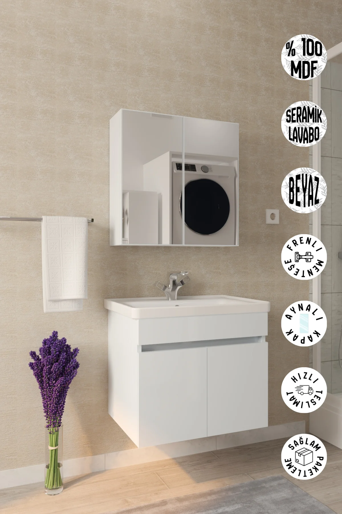 Tokyo 65cm Seramik Lavabolu MDF Aynalı Banyo Dolabı