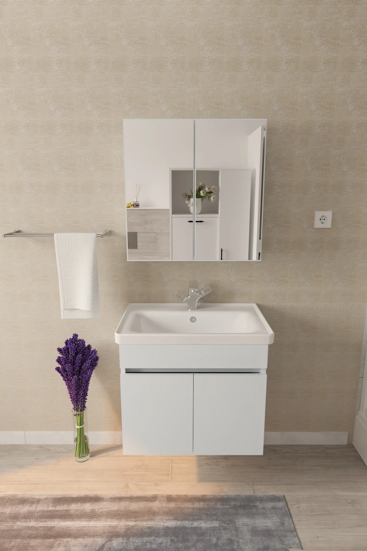 Tokyo 65cm Seramik Lavabolu MDF Aynalı Banyo Dolabı