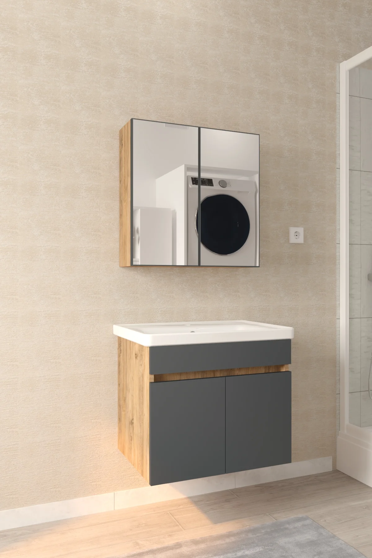 Tokyo 65cm Seramik Lavabolu MDF Aynalı Banyo Dolabı