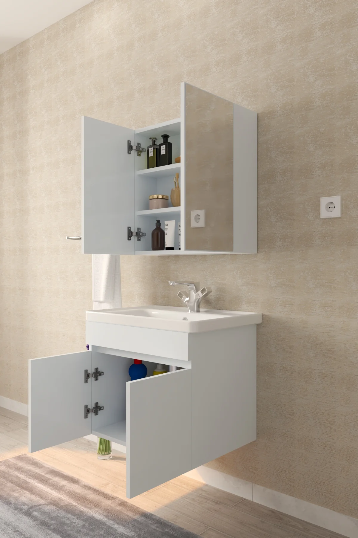 Tokyo 65cm Seramik Lavabolu MDF Aynalı Banyo Dolabı