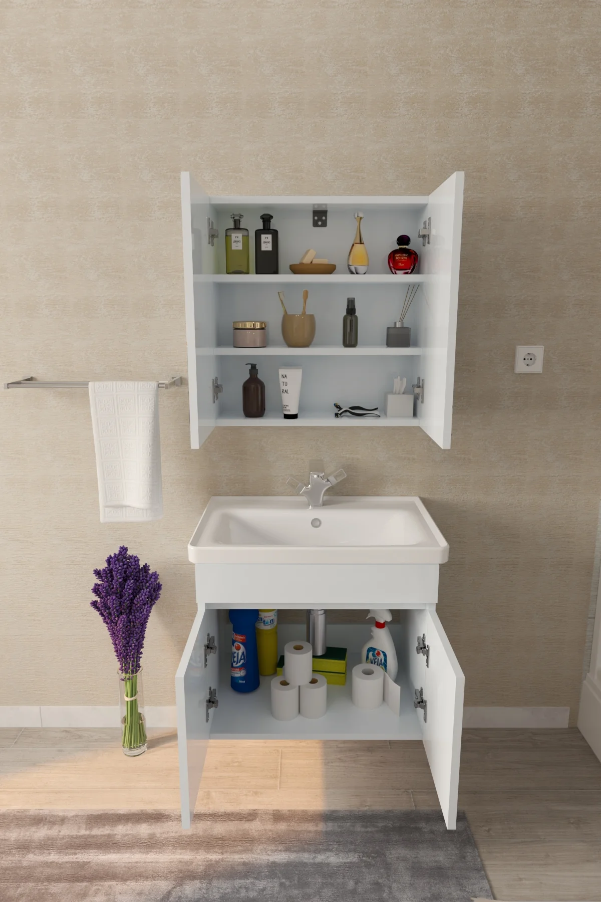 Tokyo 65cm Seramik Lavabolu MDF Aynalı Banyo Dolabı