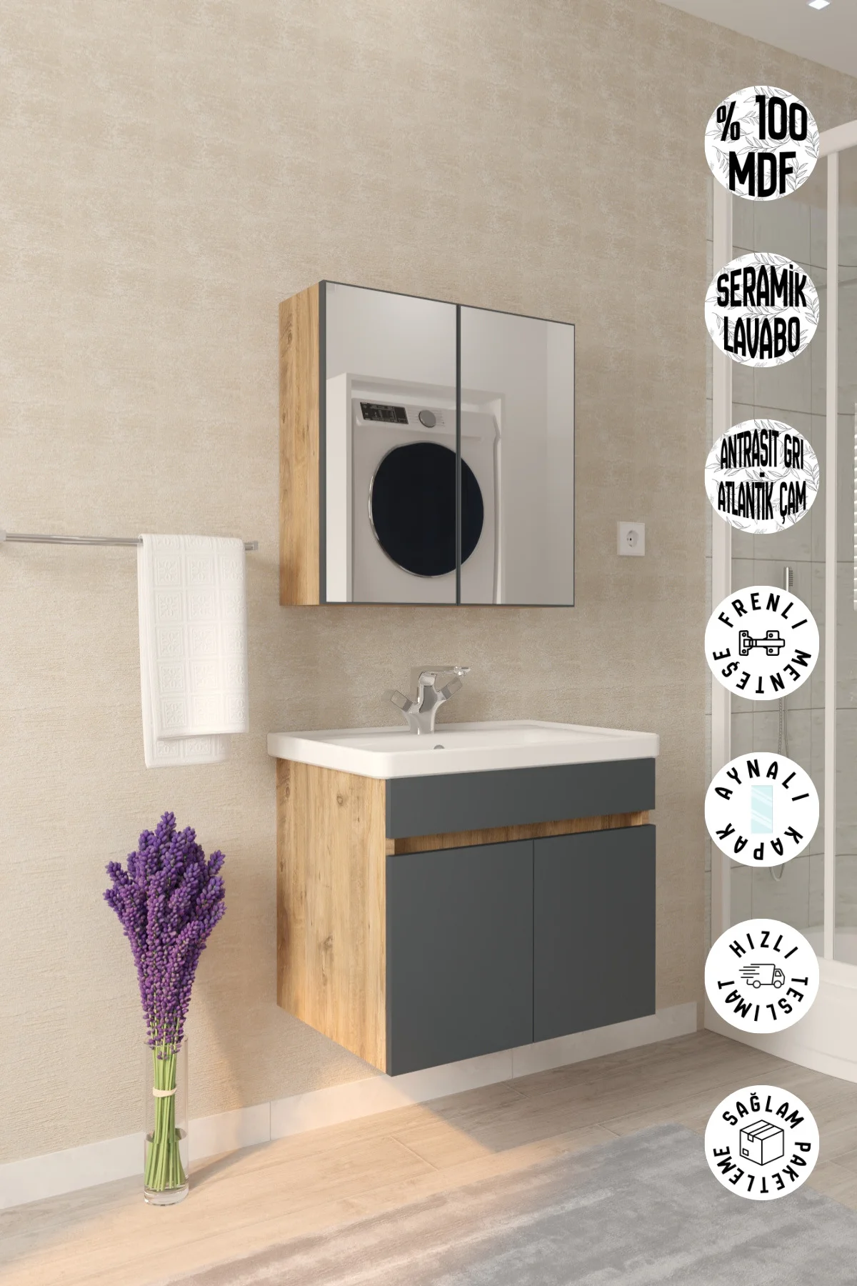Tokyo 65cm Seramik Lavabolu MDF Aynalı Banyo Dolabı