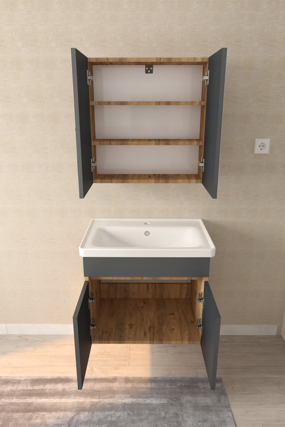 Tokyo 65cm Seramik Lavabolu MDF Aynalı Banyo Dolabı
