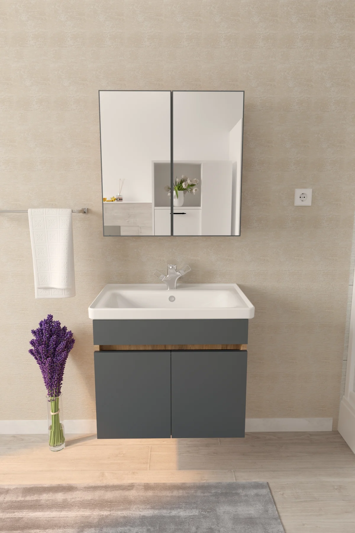 Tokyo 65cm Seramik Lavabolu MDF Aynalı Banyo Dolabı