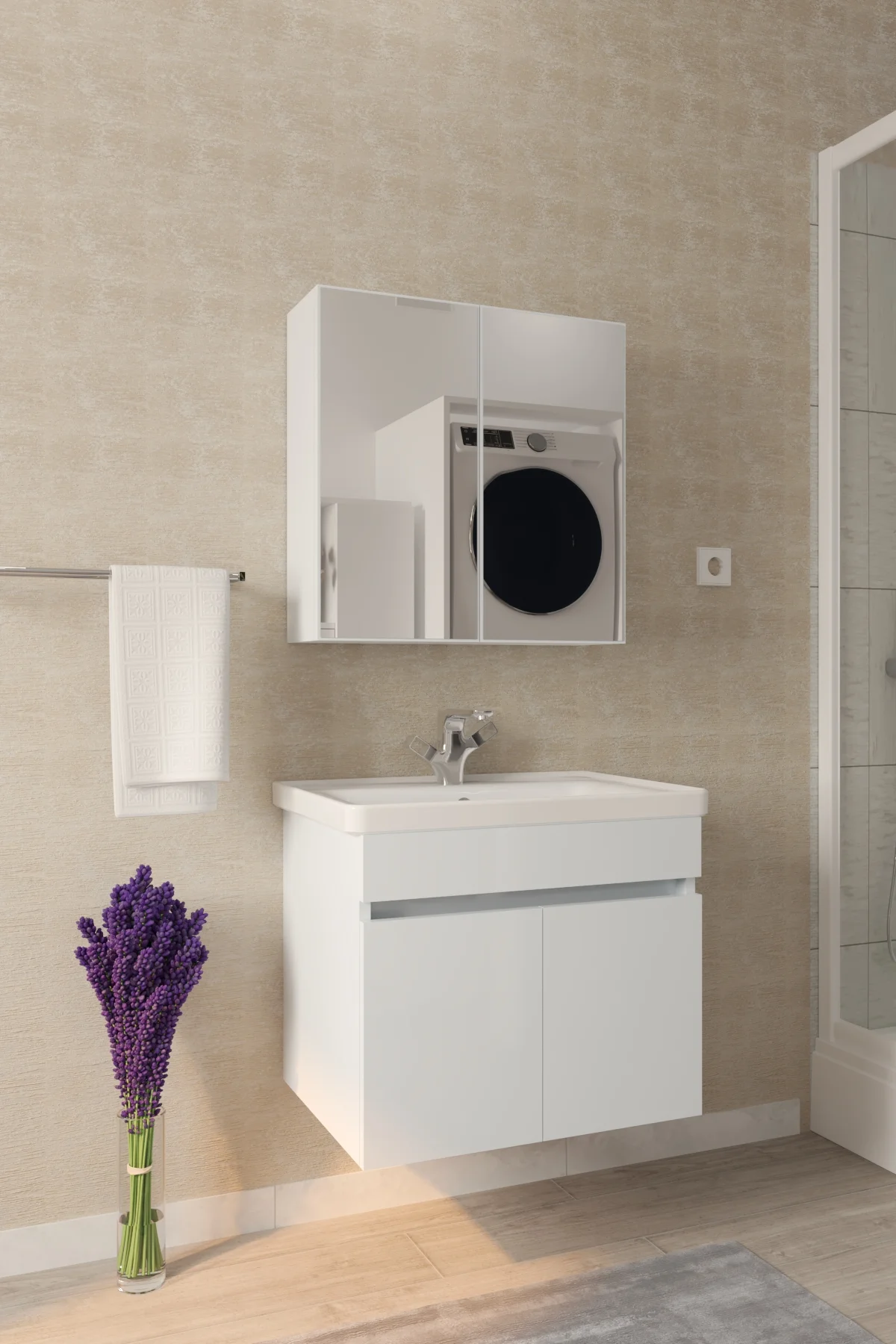 Tokyo 65cm Seramik Lavabolu MDF Aynalı Banyo Dolabı