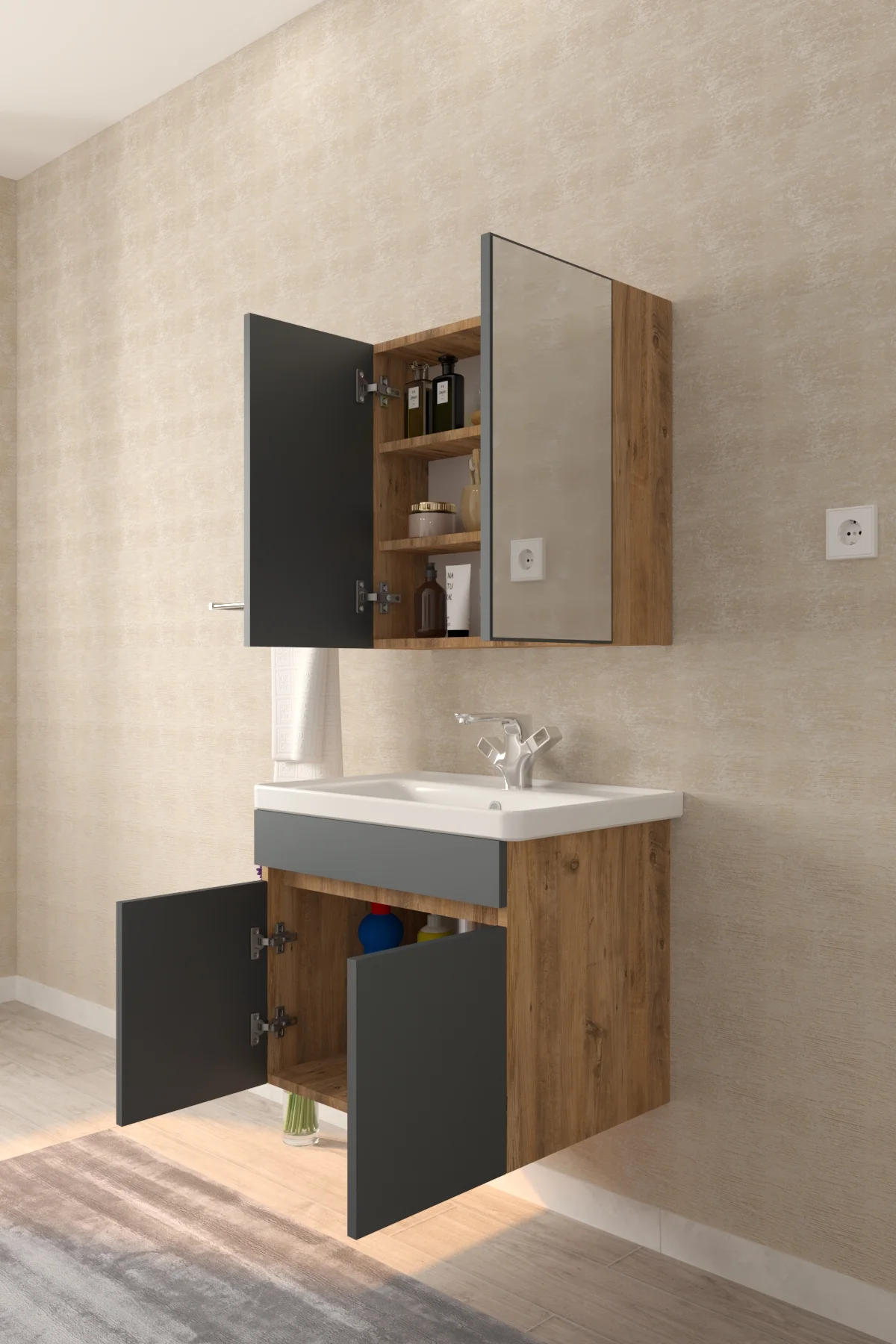 Tokyo 65cm Seramik Lavabolu MDF Aynalı Banyo Dolabı