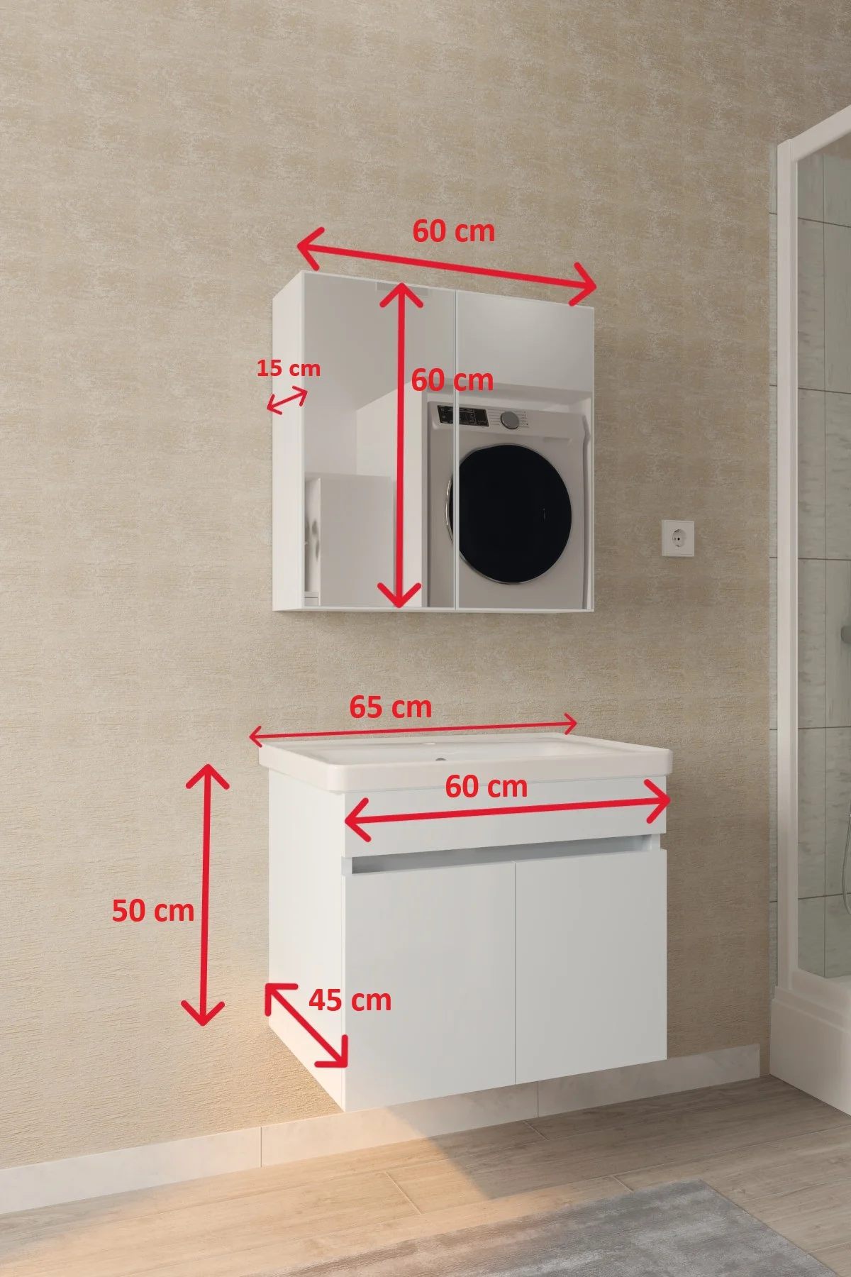 Tokyo 65cm Seramik Lavabolu MDF Aynalı Banyo Dolabı