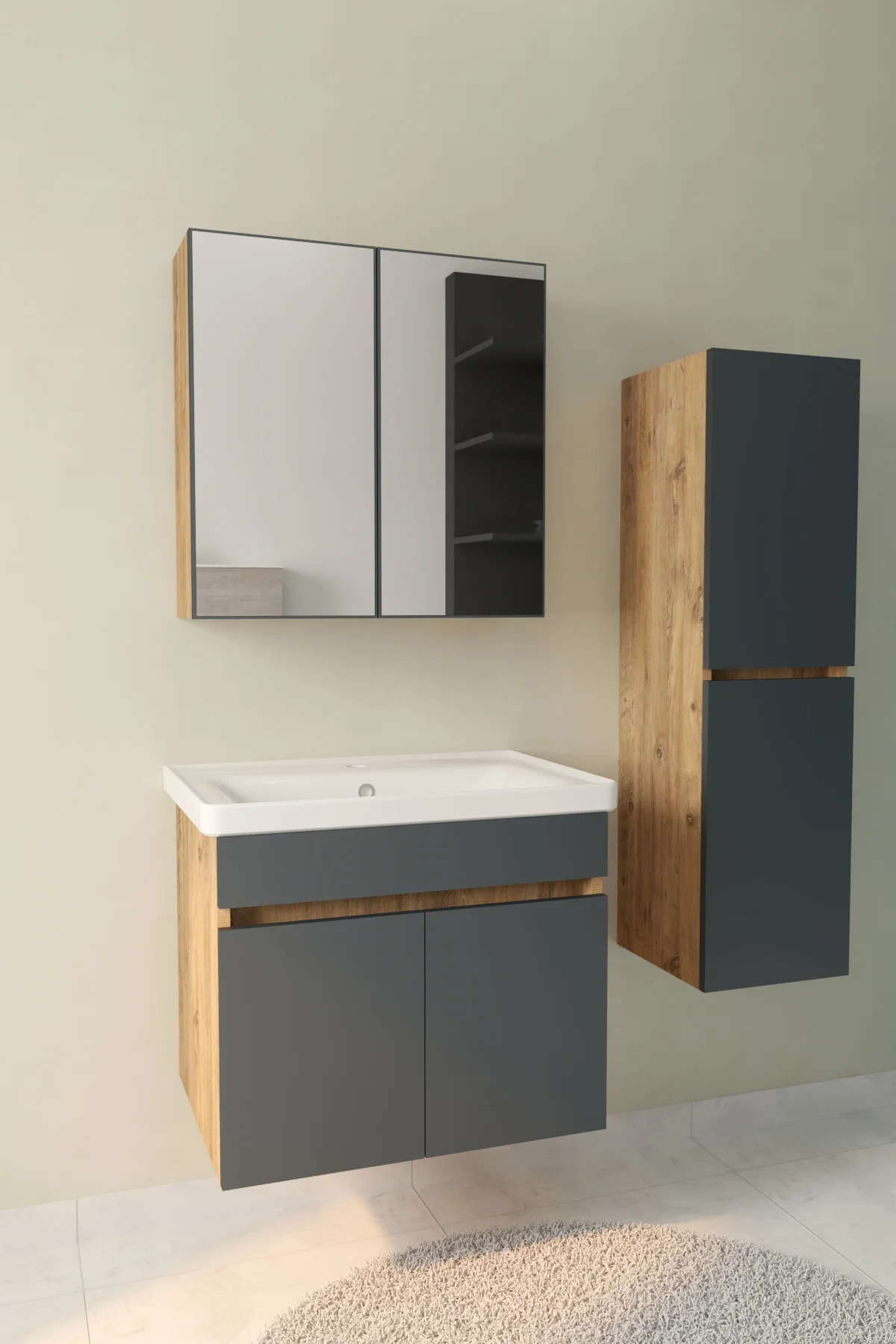 Tokyo Havlu Dolaplı 65cm Seramik Lavabolu MDF Aynalı Banyo Dolabı