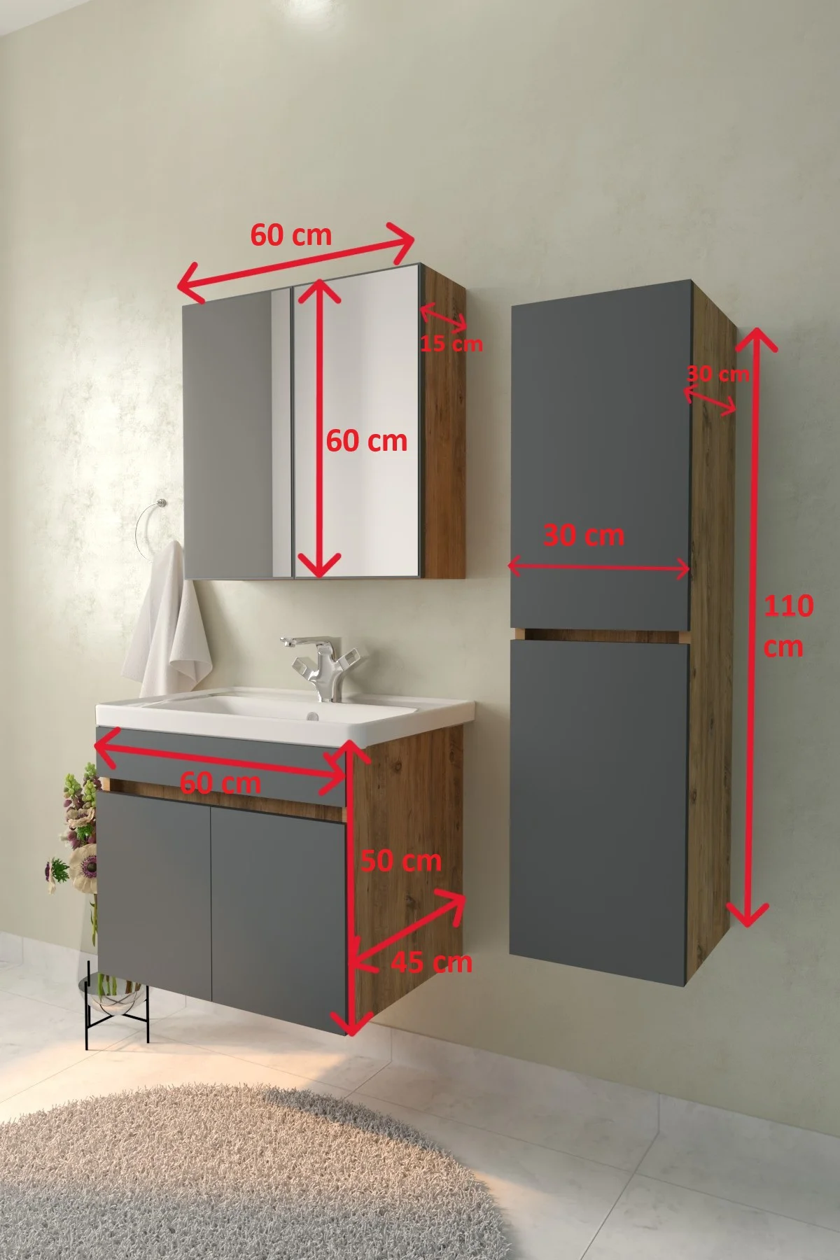 Tokyo Havlu Dolaplı 65cm Seramik Lavabolu MDF Aynalı Banyo Dolabı