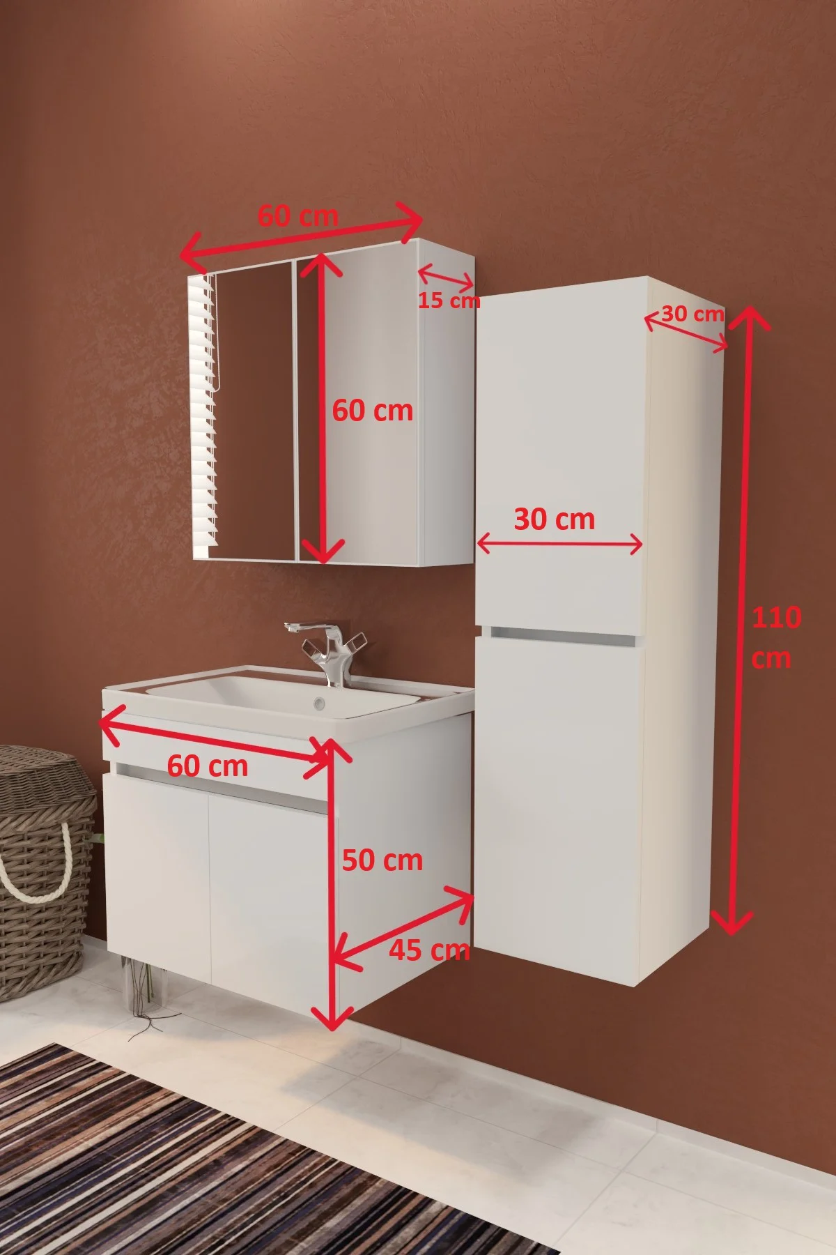 Tokyo Havlu Dolaplı 65cm Seramik Lavabolu MDF Aynalı Banyo Dolabı