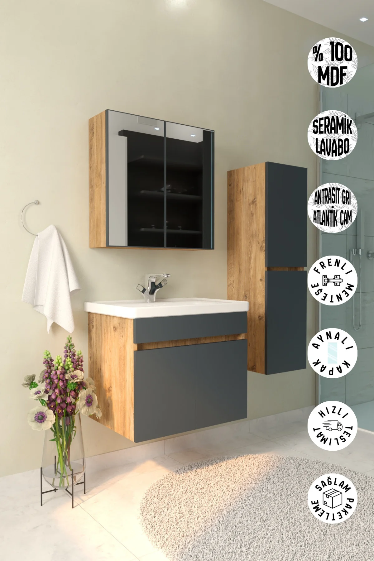 Tokyo Havlu Dolaplı 65cm Seramik Lavabolu MDF Aynalı Banyo Dolabı