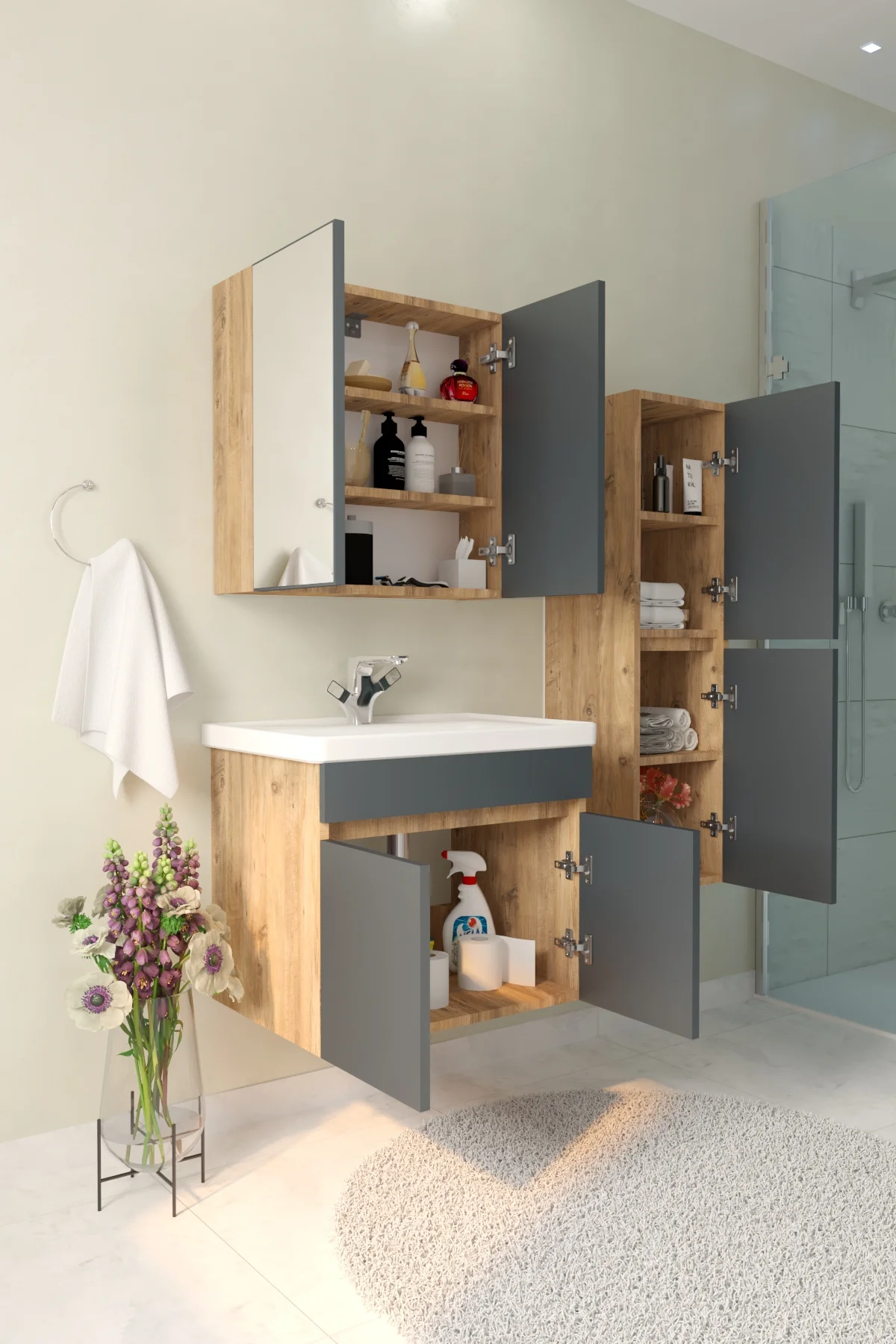 Tokyo Havlu Dolaplı 65cm Seramik Lavabolu MDF Aynalı Banyo Dolabı