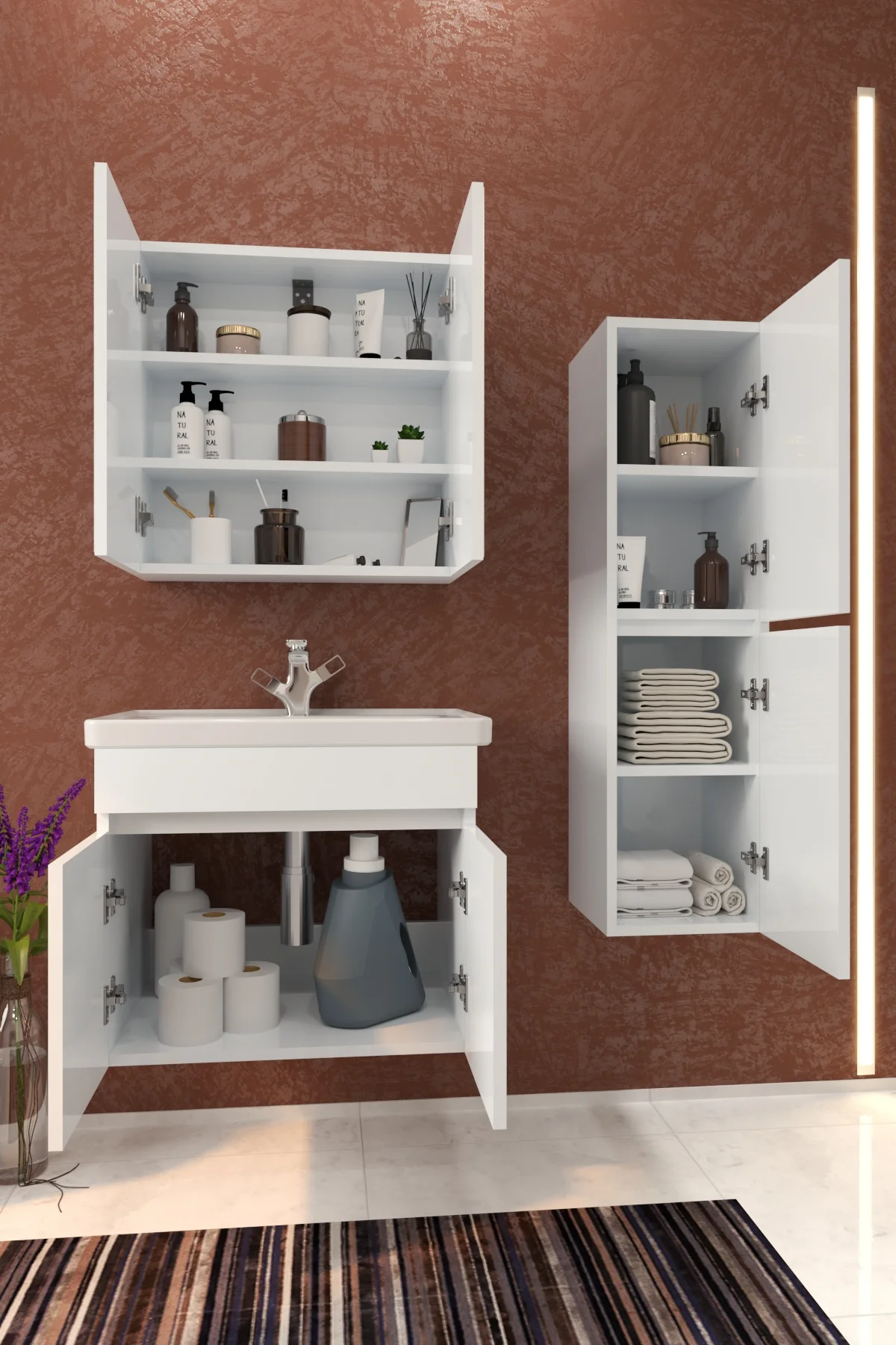 Tokyo Havlu Dolaplı 65cm Seramik Lavabolu MDF Aynalı Banyo Dolabı