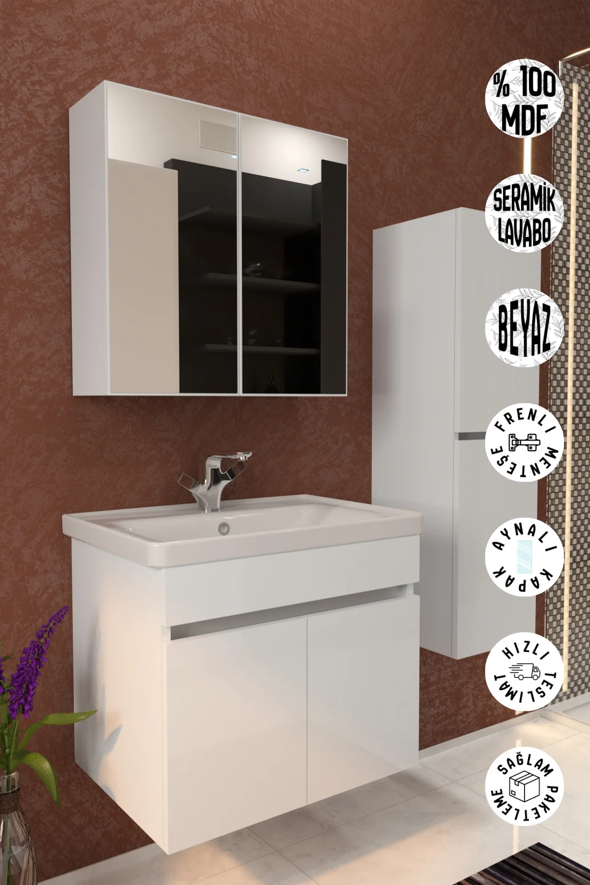 Tokyo Havlu Dolaplı 65cm Seramik Lavabolu MDF Aynalı Banyo Dolabı