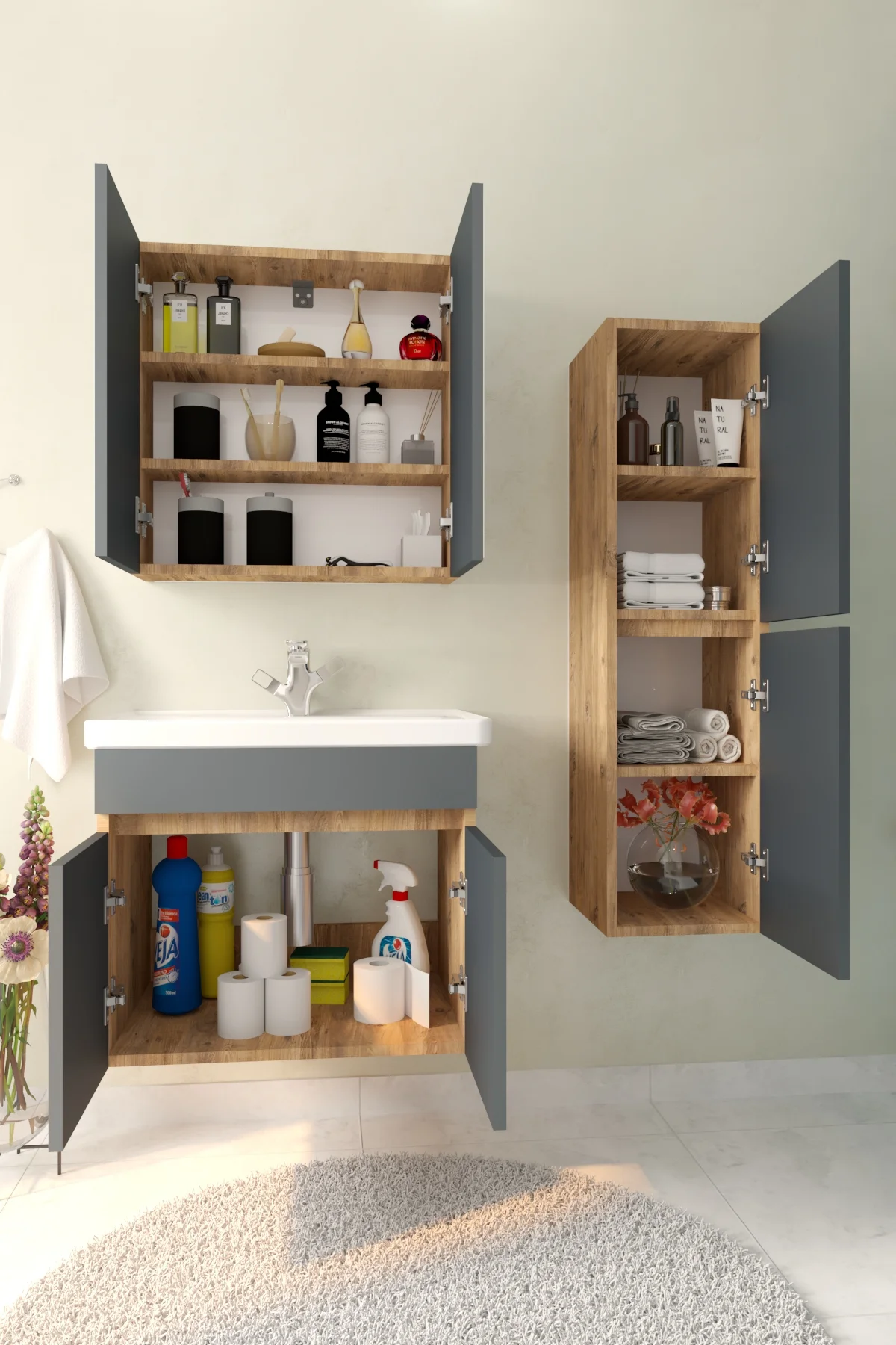 Tokyo Havlu Dolaplı 65cm Seramik Lavabolu MDF Aynalı Banyo Dolabı