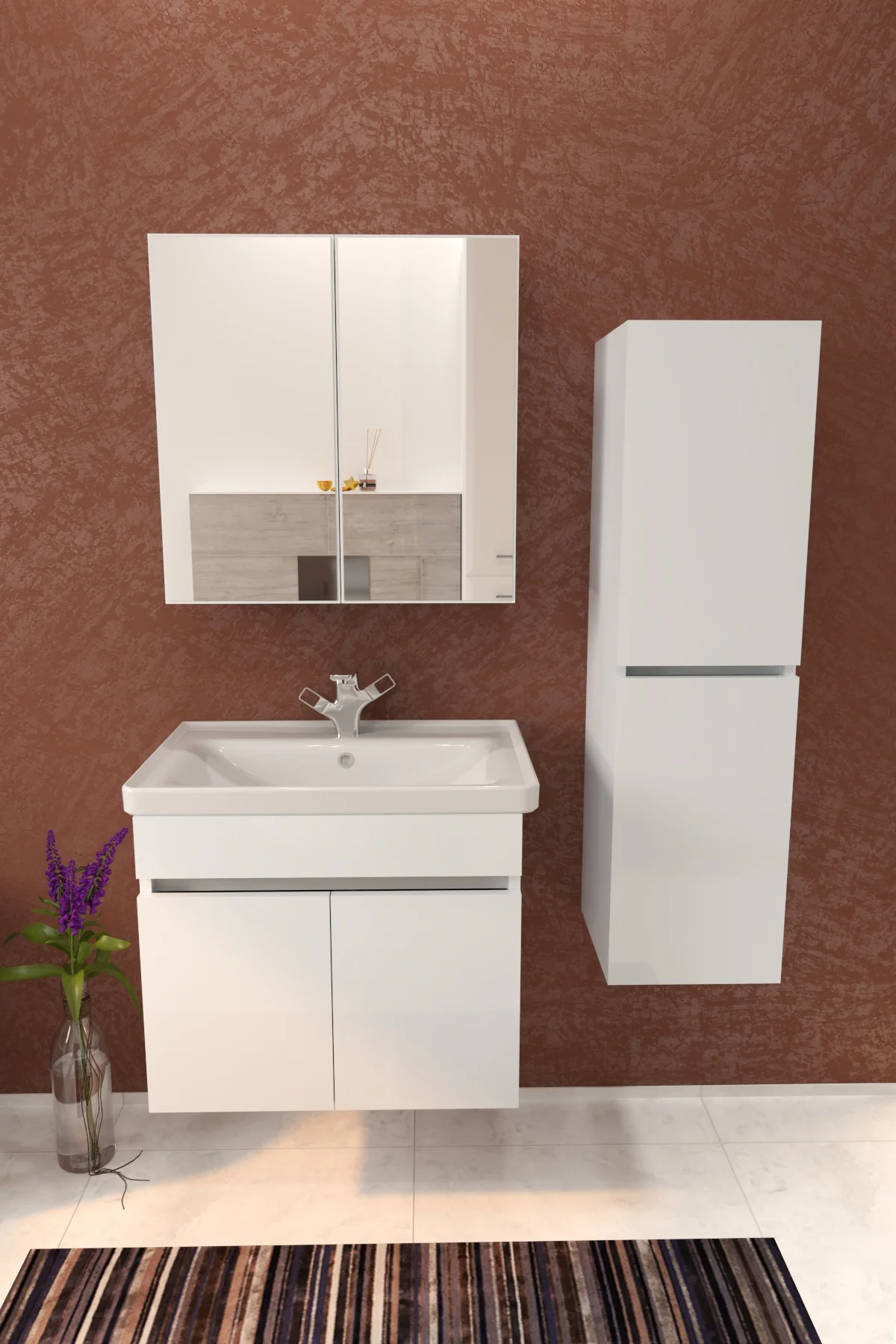 Tokyo Havlu Dolaplı 65cm Seramik Lavabolu MDF Aynalı Banyo Dolabı