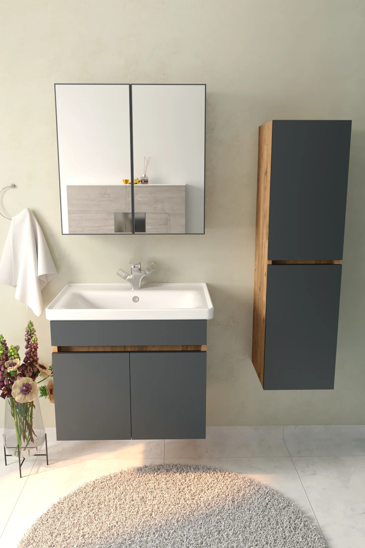 Tokyo Havlu Dolaplı 65cm Seramik Lavabolu MDF Aynalı Banyo Dolabı