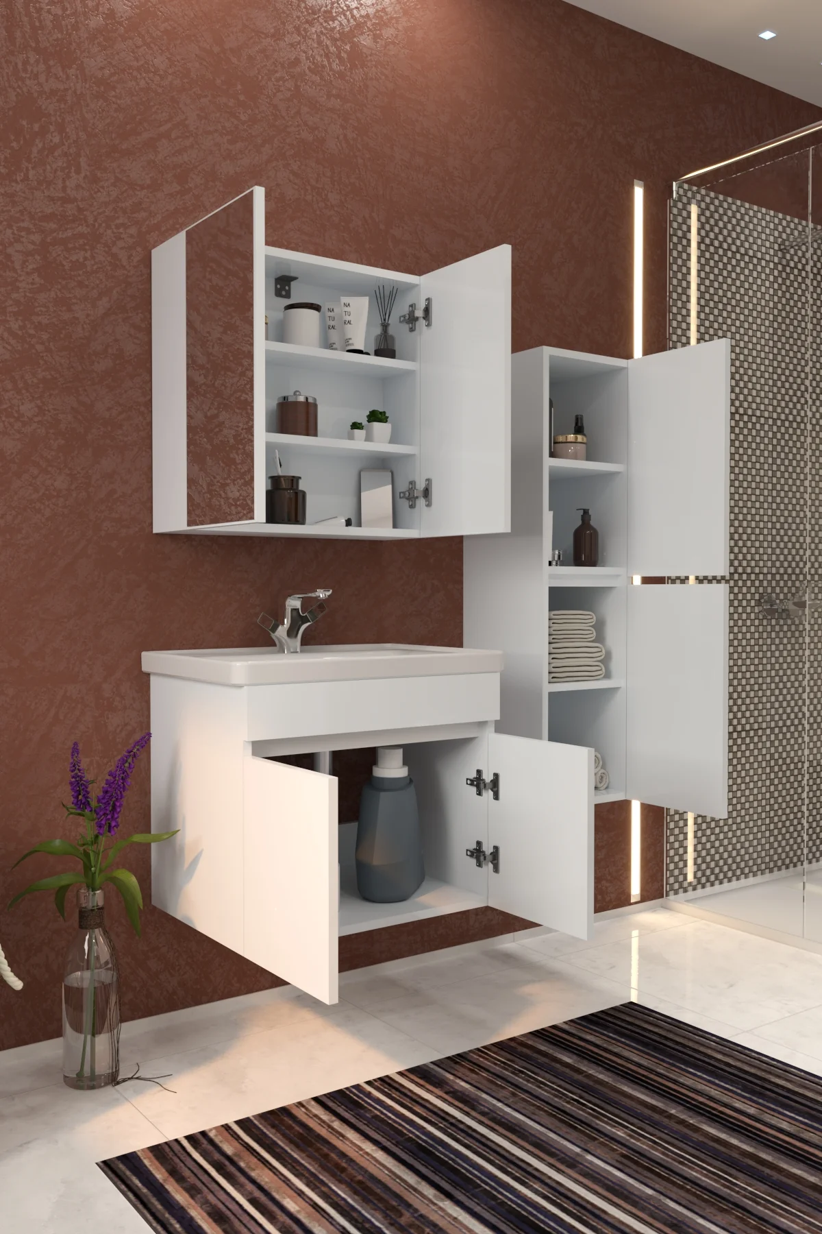 Tokyo Havlu Dolaplı 65cm Seramik Lavabolu MDF Aynalı Banyo Dolabı