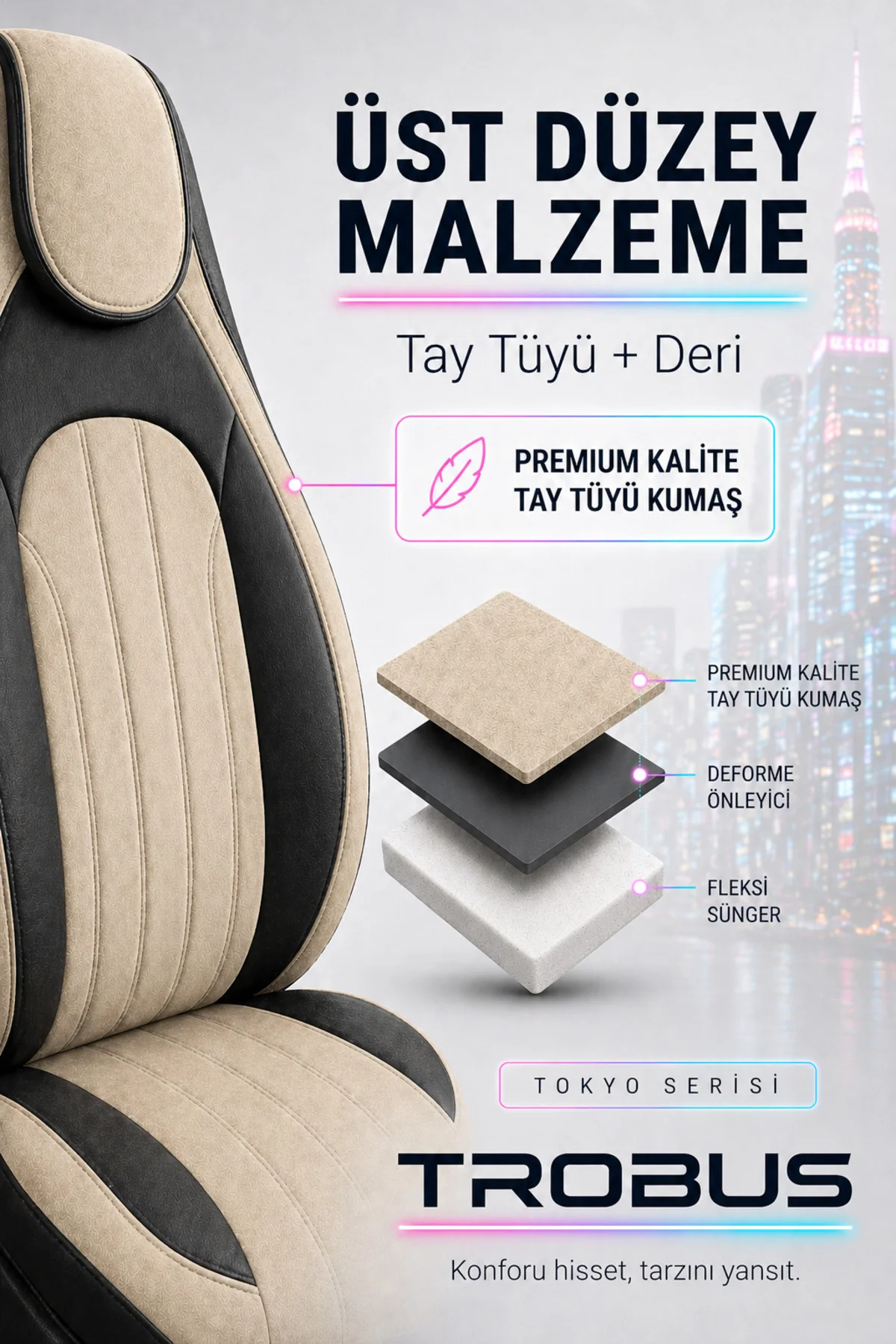 Tokyo Serisi Bel Destekli Tay Tüyü Oto Koltuk Kılıfı Bej Siyah Fiyatı, Yorumları ve Özellikleri
