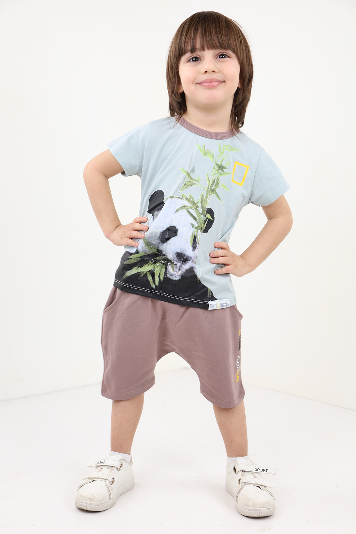 Toontoy Erkek Bebek Panda Baskılı Şortlu Takım