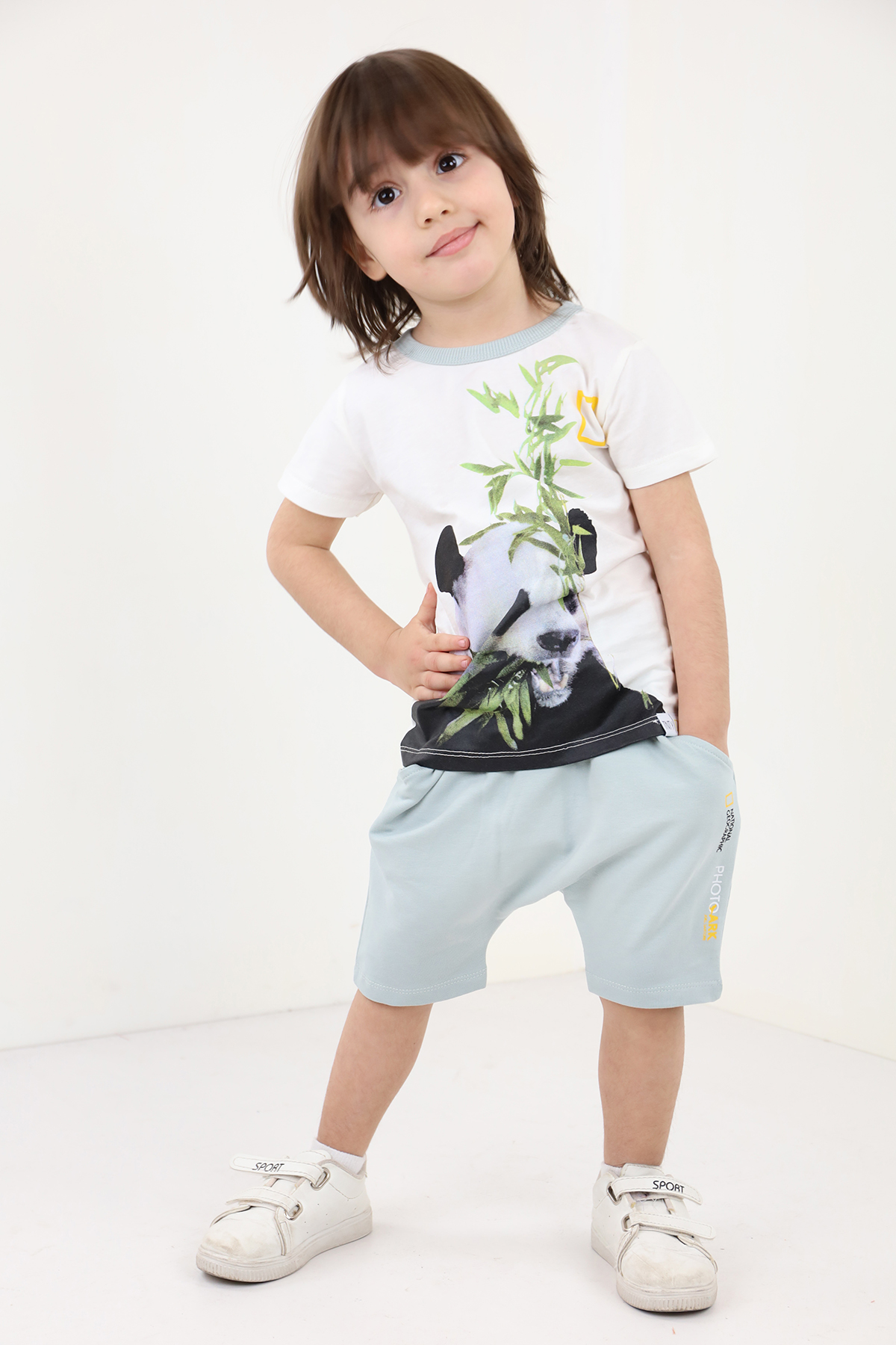 Toontoy Erkek Bebek Panda Baskılı Şortlu Takım