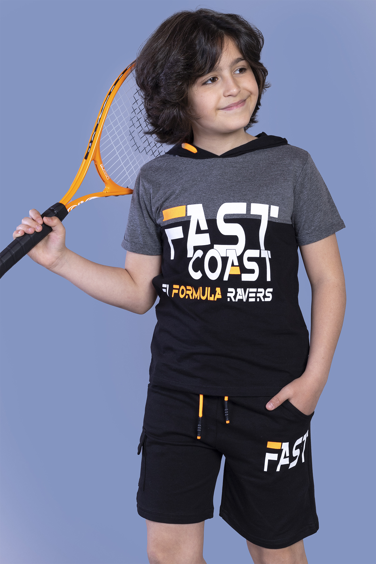 Toontoy Erkek Çocuk Kapüşonlu Garni Detaylı Baskılı Şortlu Takım