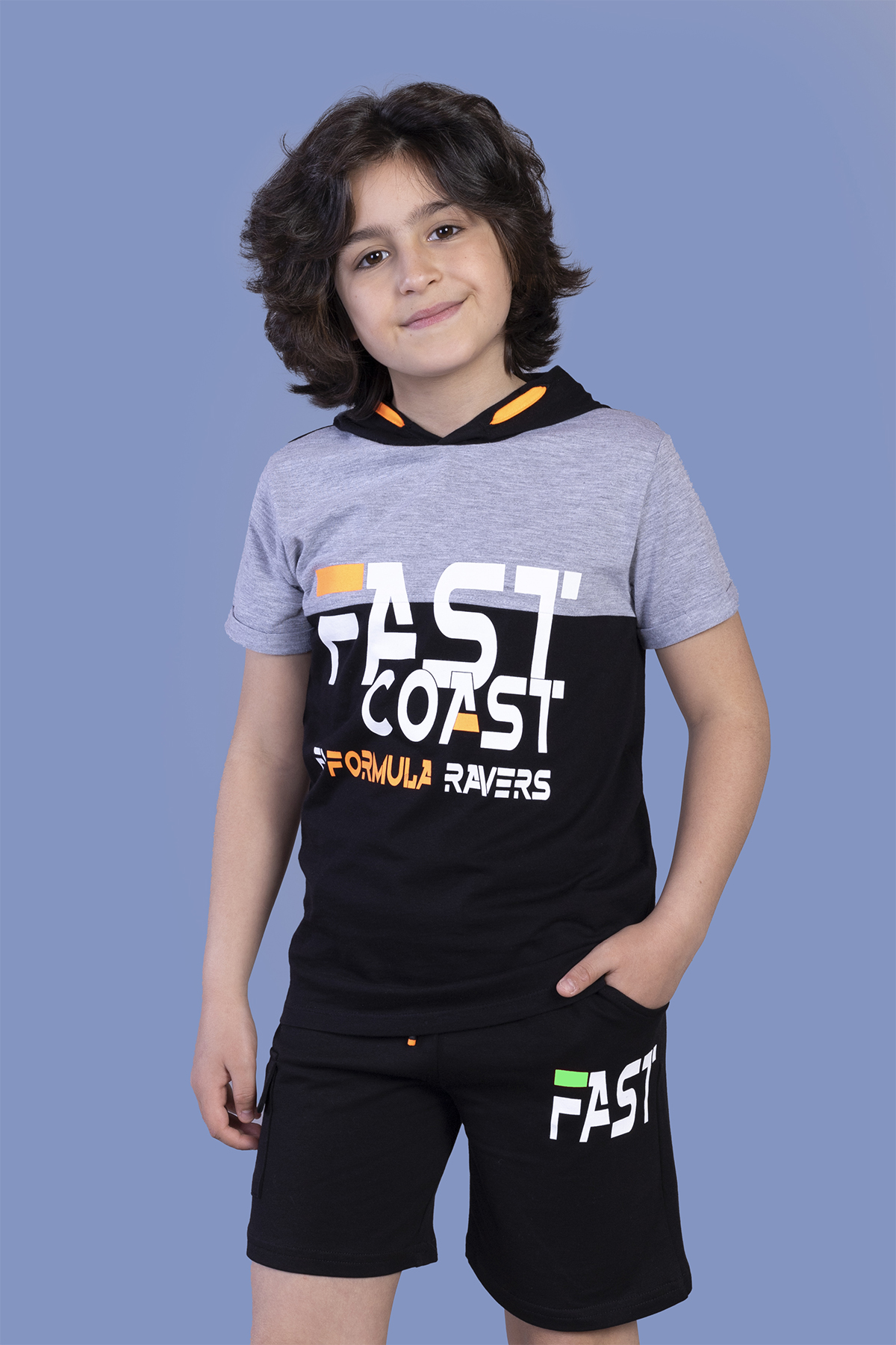 Toontoy Erkek Çocuk Kapüşonlu Garni Detaylı Baskılı Şortlu Takım