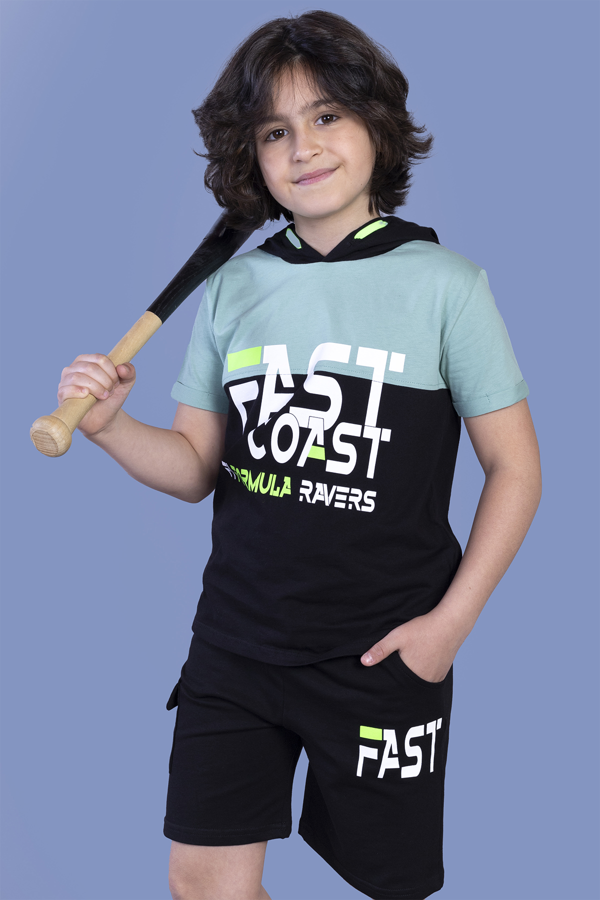 Toontoy Erkek Çocuk Kapüşonlu Garni Detaylı Baskılı Şortlu Takım