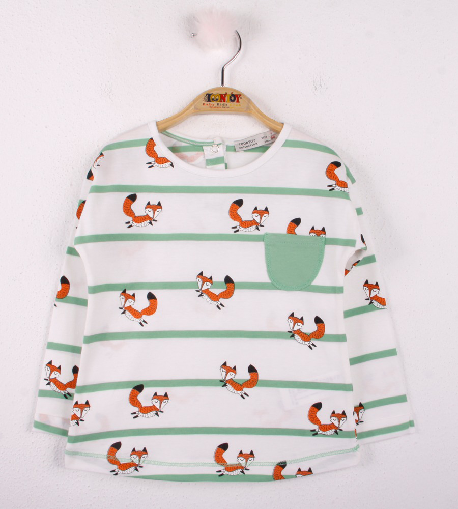 Toontoy Kız Bebek T-Shirt Çizgili Cepli Tilki Baskı