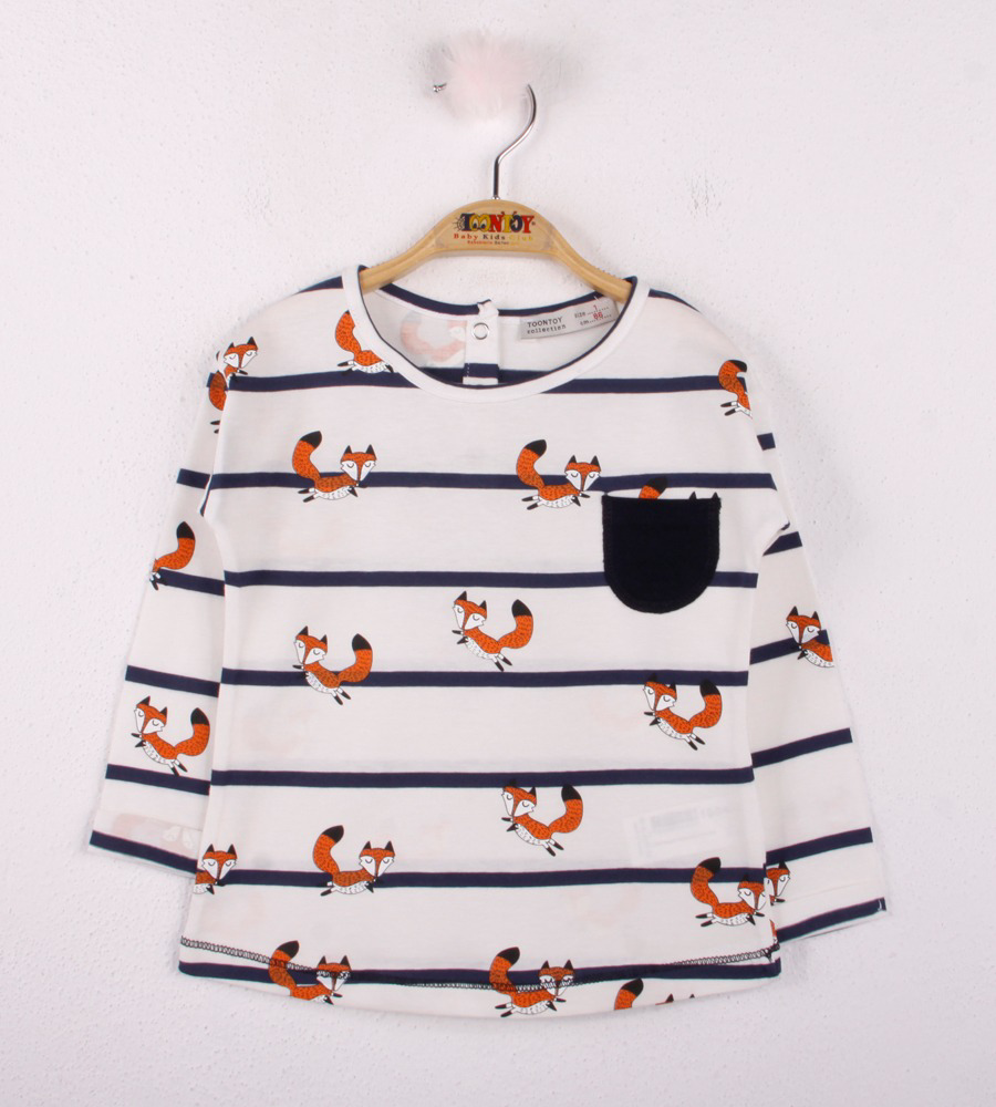 Toontoy Kız Bebek T-Shirt Çizgili Cepli Tilki Baskı