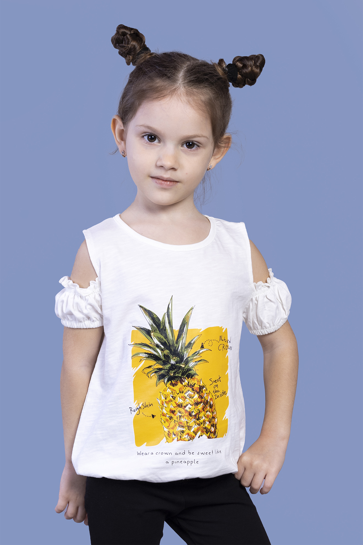 Toontoy  Kiz Çocuk Kollari Detayli  Ananas Baskili Tişört