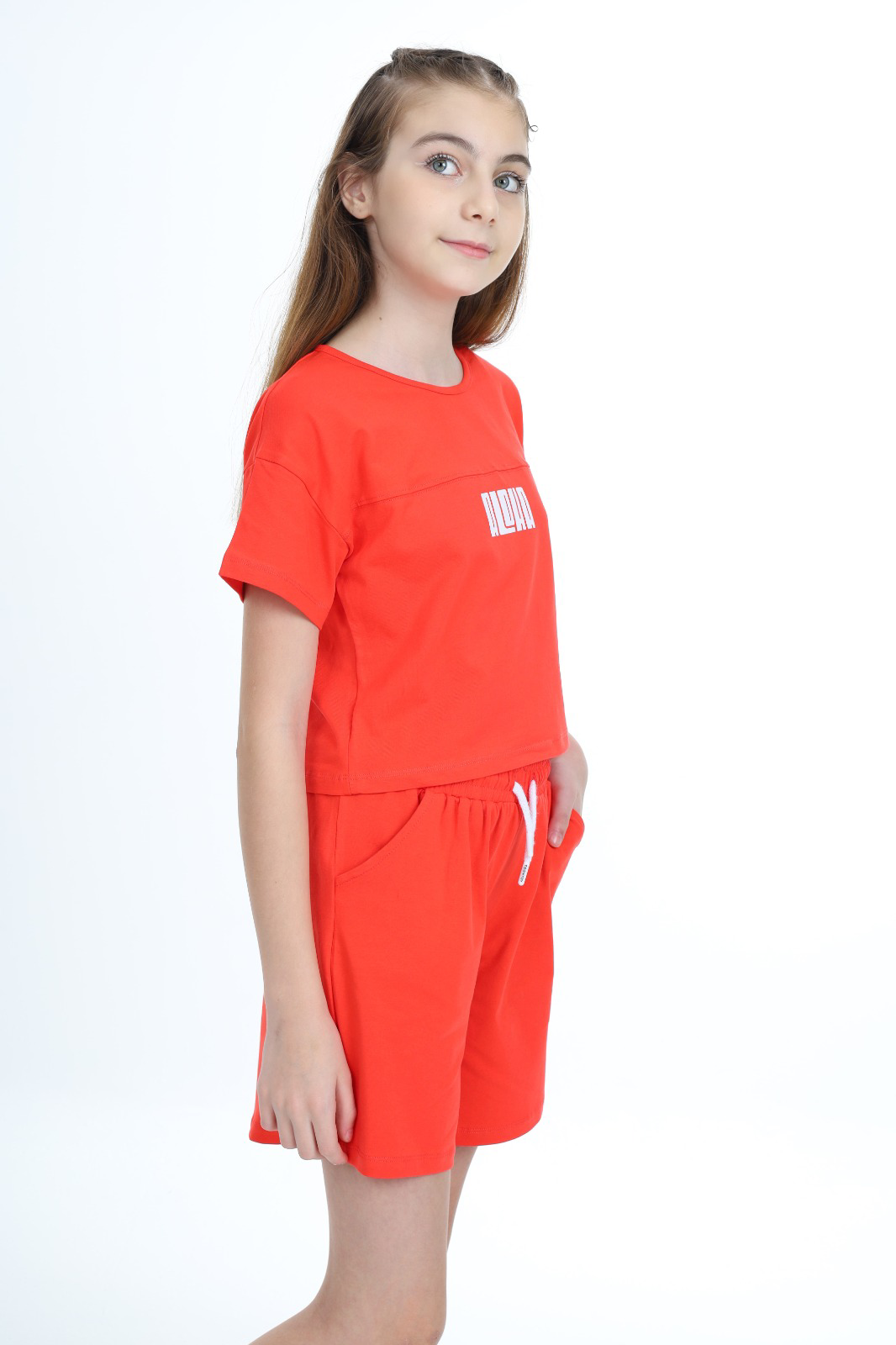 Toontoy  Kız Çocuk Crop Aloha Yazı Baskılı Şortlu Takım