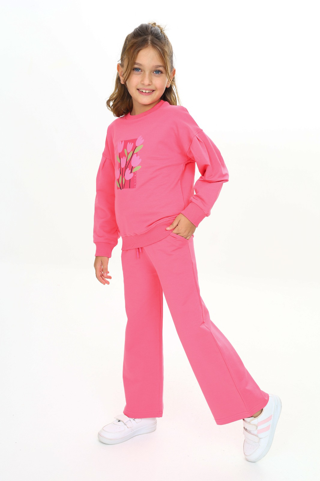 Toontoy  Kız Çocuk Kol Büzgülü Lale Baskılı Eşofman Takım