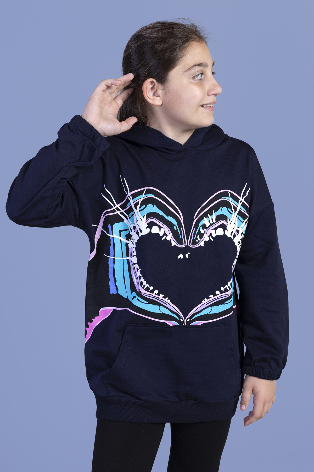 Toontoy Kız Çocuk Kapüşonlu Kanguru Cepli Baskılı Sweatshirt