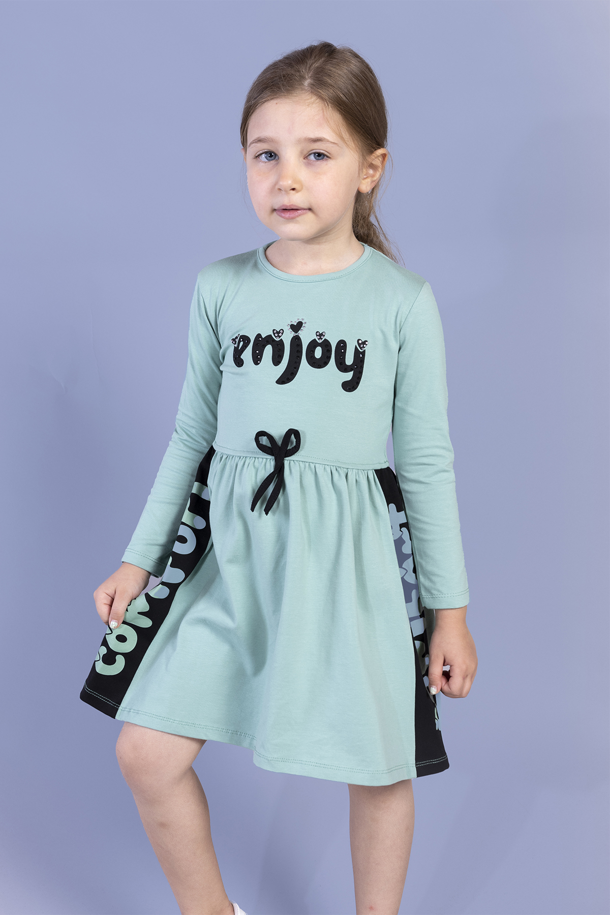 Toontoy Kız Çocuk Taş İşlemeli Enjoy Baskılı Elbise