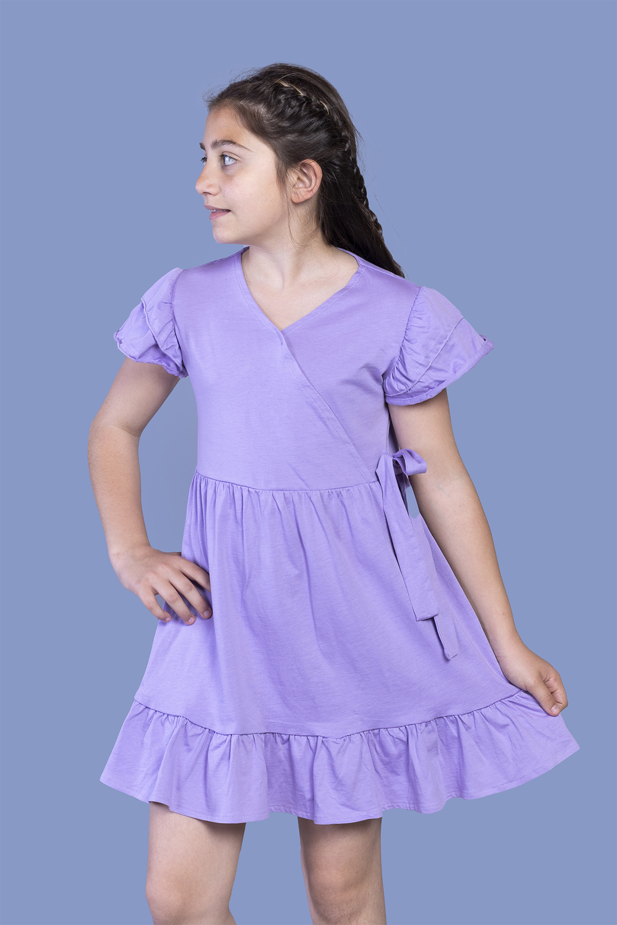 Toontoy Kız Çocuk Yandan Bağlama Detaylı Kruvaze Elbise