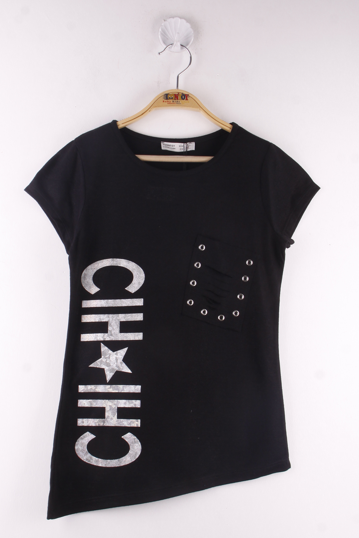 Toontoy Kız Çocuk Yıldız Baskılı Kesik Cep Detaylı Tişört