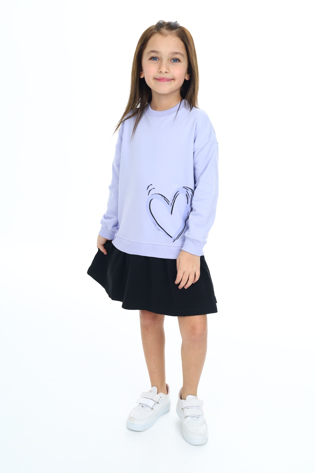 Toontoy Kız Çocuk  Eteği Kadife Kalp Baskılı Elbise